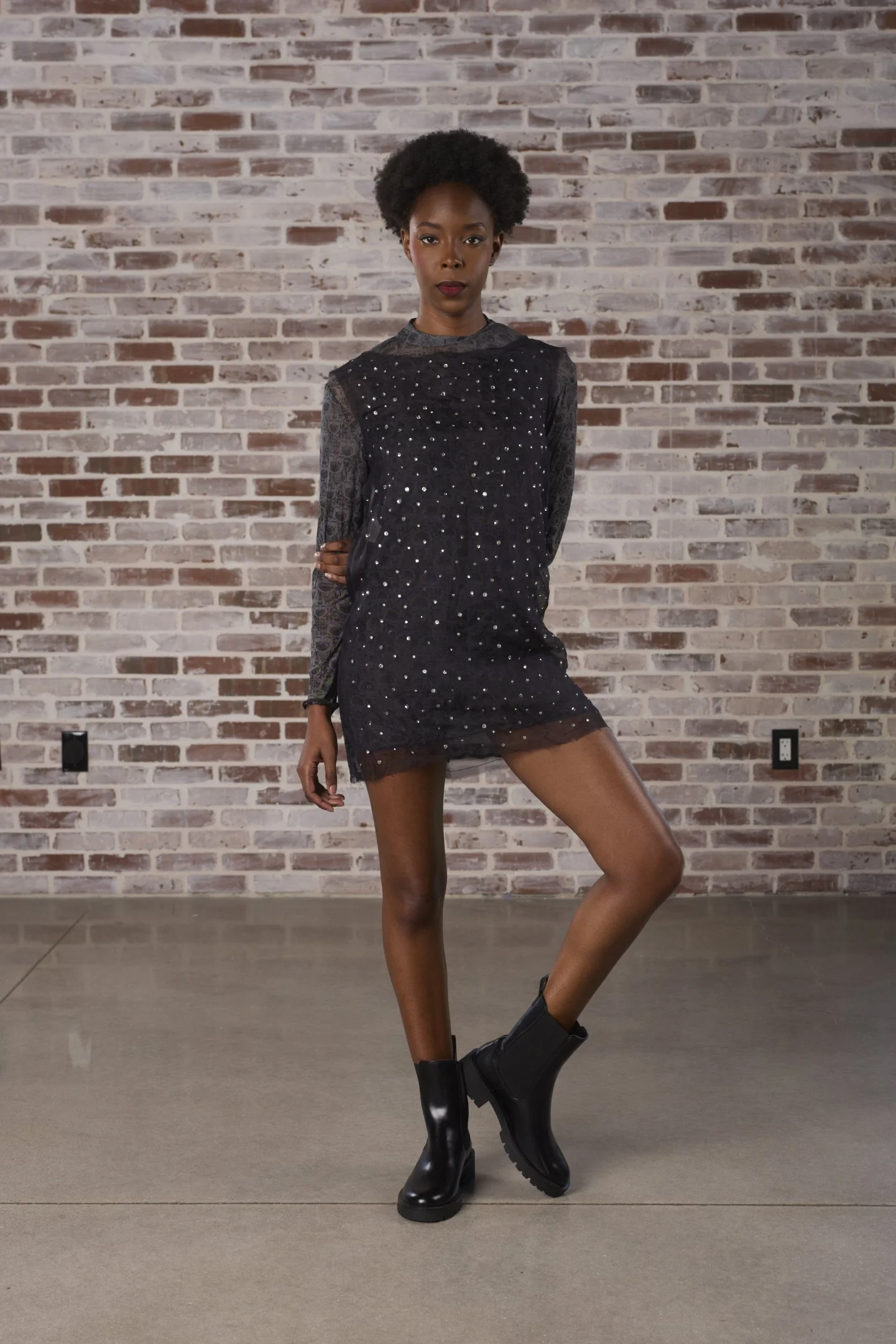 Sparkling Organza Dress with Skull Mesh Turtleneck Lining