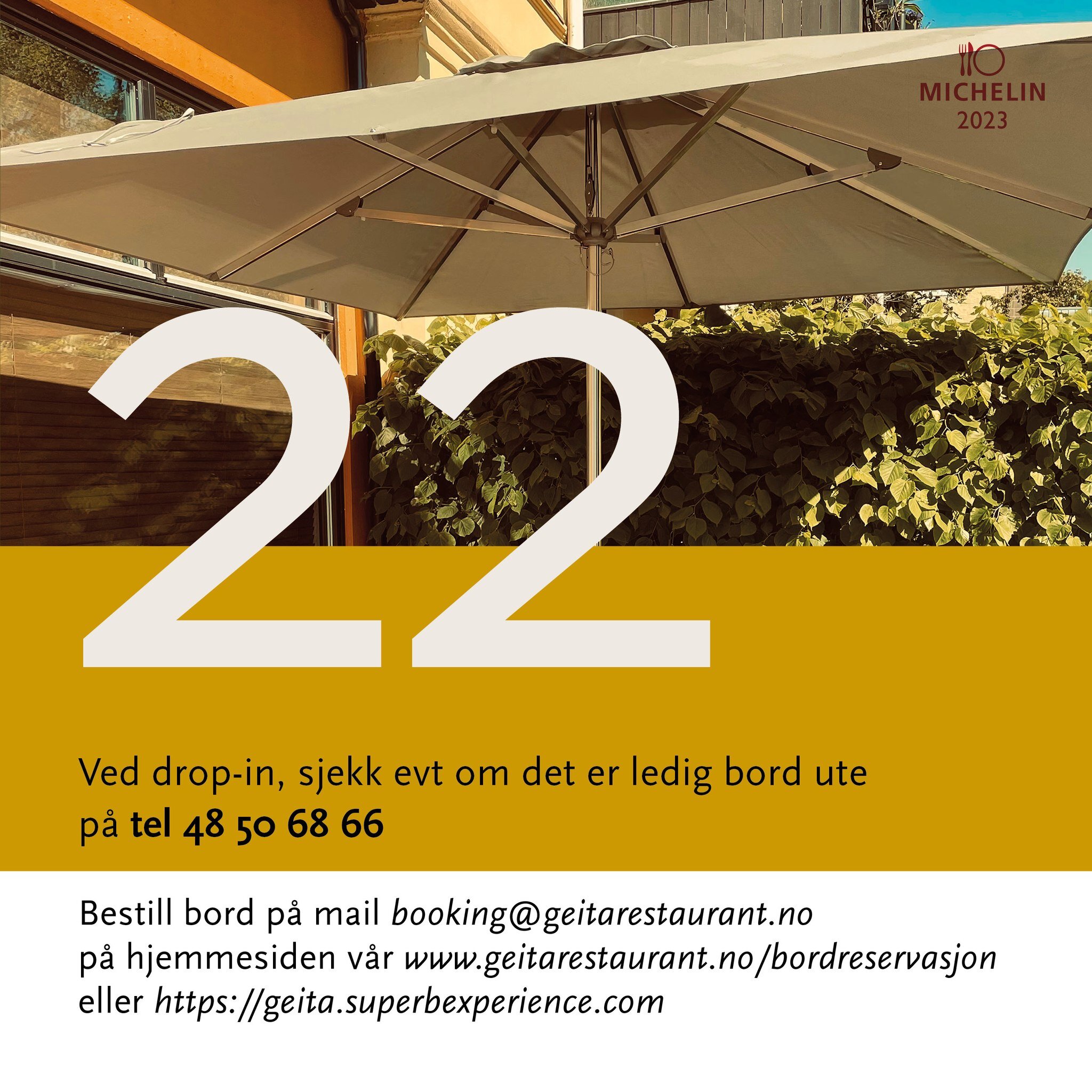 Oh la la! Det er meldt opp til 22 grader i Oslo idag! Husk vi tar ogs&aring; Drop-in kl 17. 

#geitarestaurant #casual #finedining #smartdining #geitmyra #geitmyrsveien57 #lovisenberg #buss37 #nordahlaxel #geita #smak2023 @MICHELINGuide #17mai