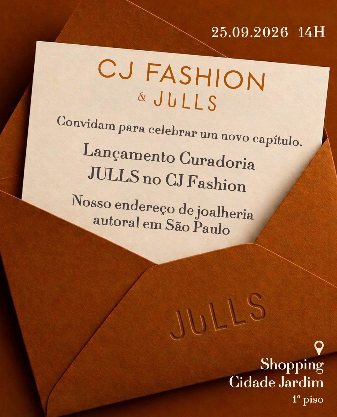 Essa semana!

No dia 25, o nosso corner abre as portas no CJ Fashion  e S&atilde;o Paulo vai poder encontrar a curadoria da JULLS pessoalmente pela primeira vez.

L&rsquo;Atelier Nawbar, Moritz Glik, &Agrave;vra Jewels, Dany Chady, Gandra Jewelry, Le
