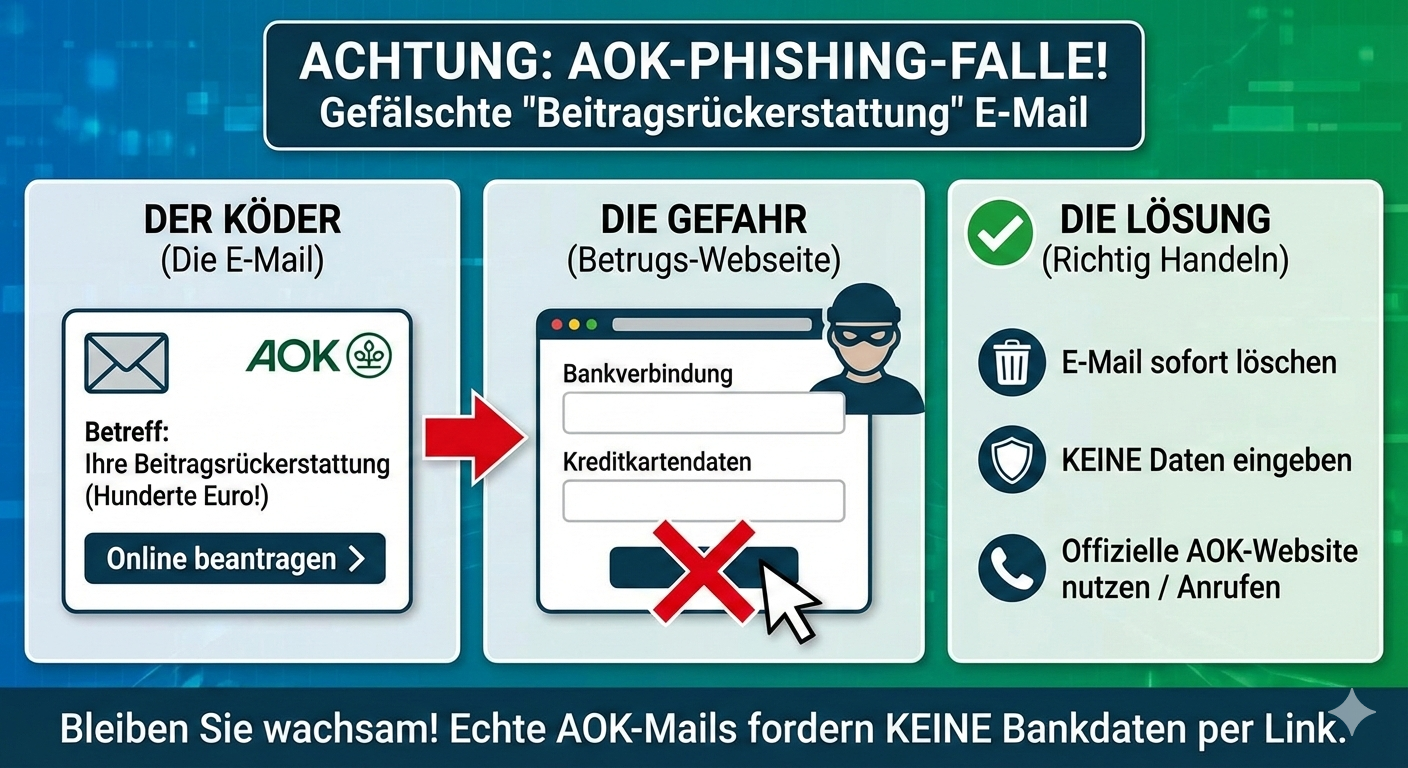 Achtung: Phishing-Welle im Namen der AOK – Fallen Sie nicht auf die „Beitragsrückerstattung“ herein!