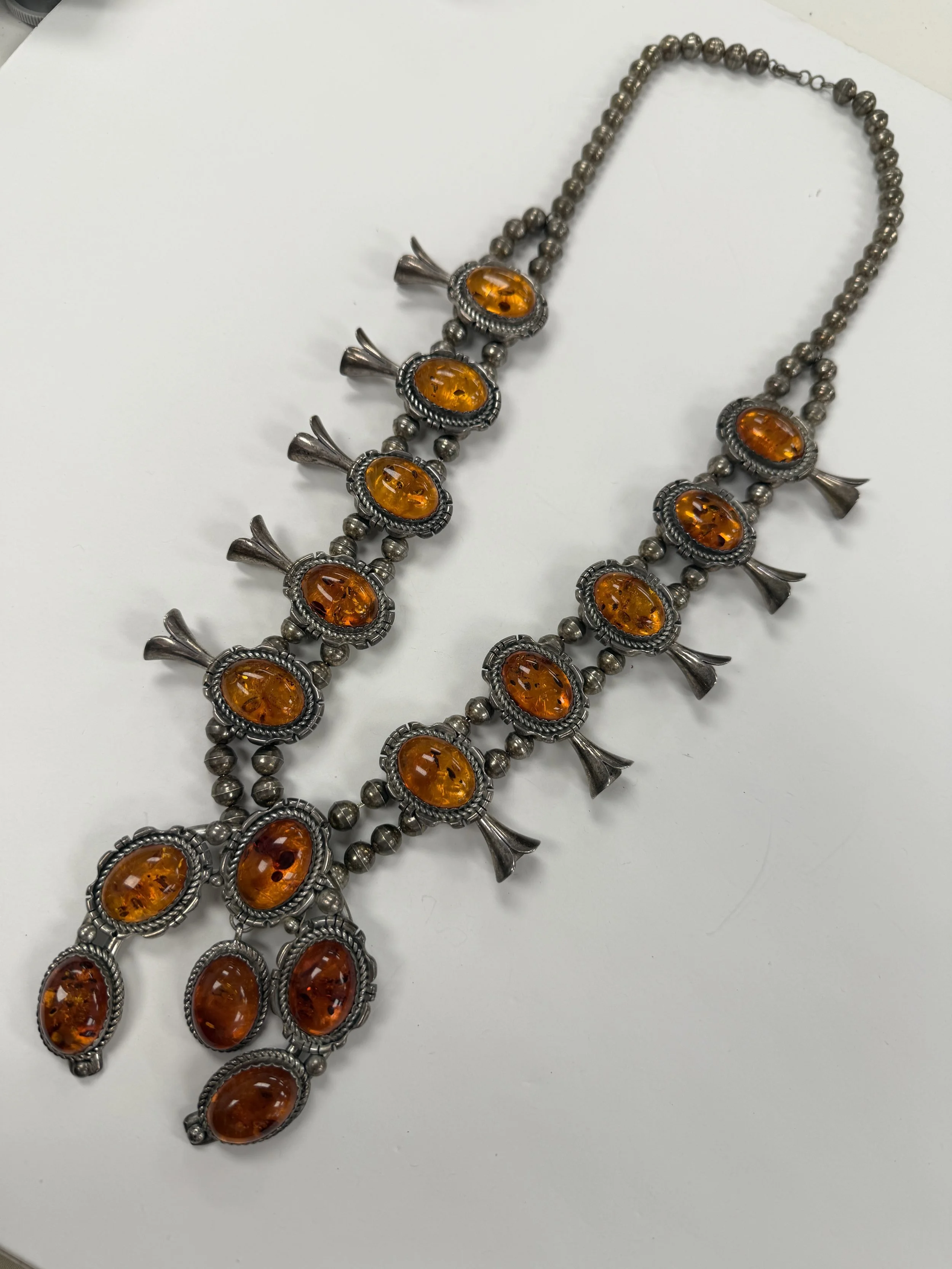 .925 STLERING SILVER AUTHENTIC NATIVE AMERICAN MADE SQUASH BLOSSOM AMBER NECKLACE $2695.00