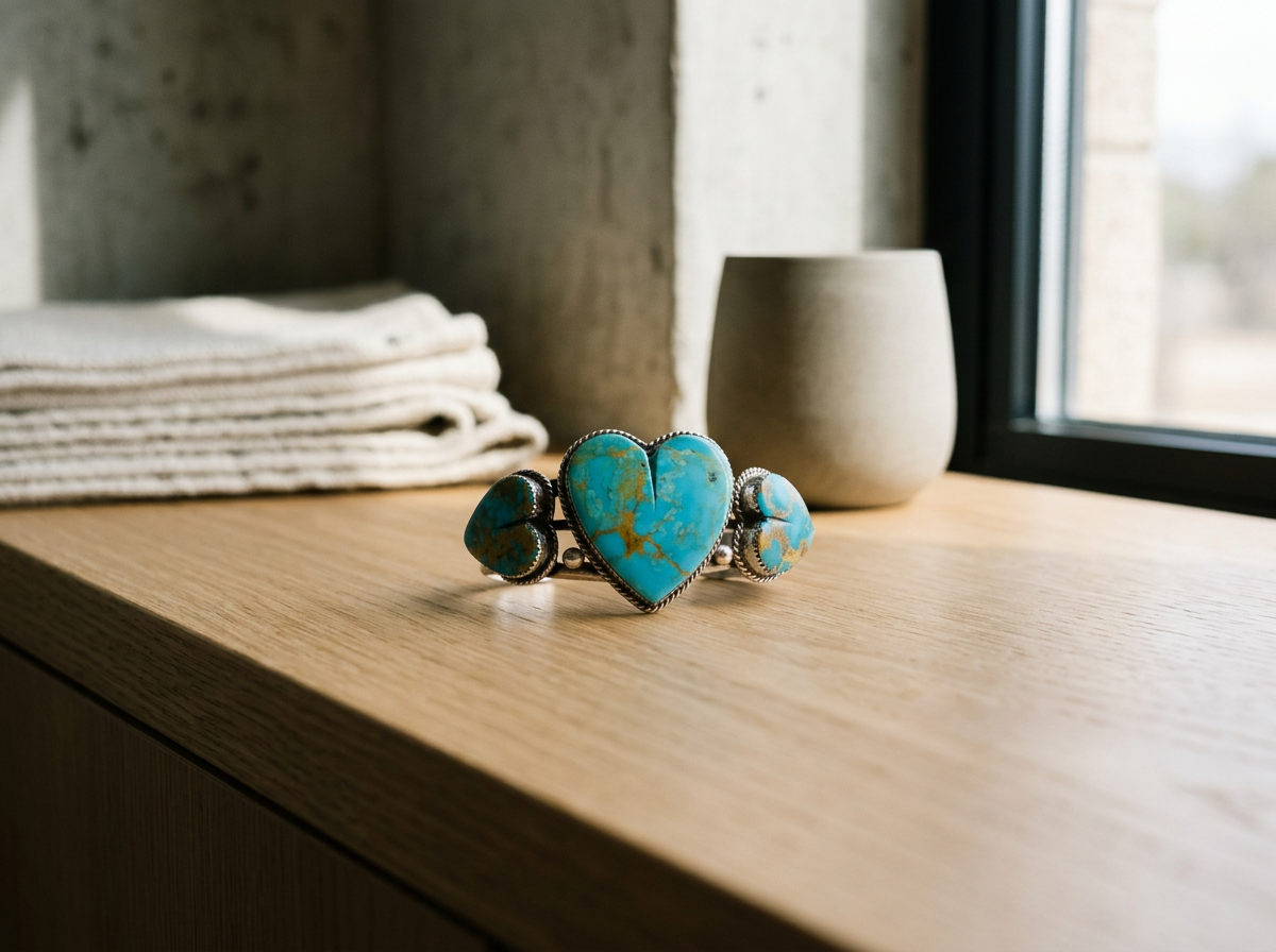 .925 TURQUOISE HEART HANDMADE CUFF BRACELET ARTIST BUFFALO DANCER $895.00