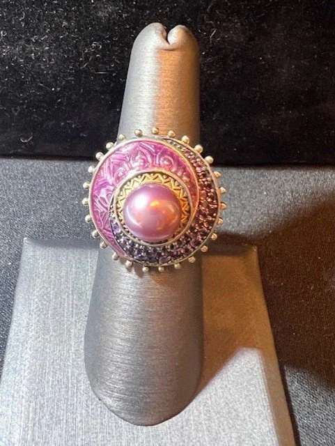 .925 BARBARA BIXBY PEARL ENAMEL & AMETHYST RING