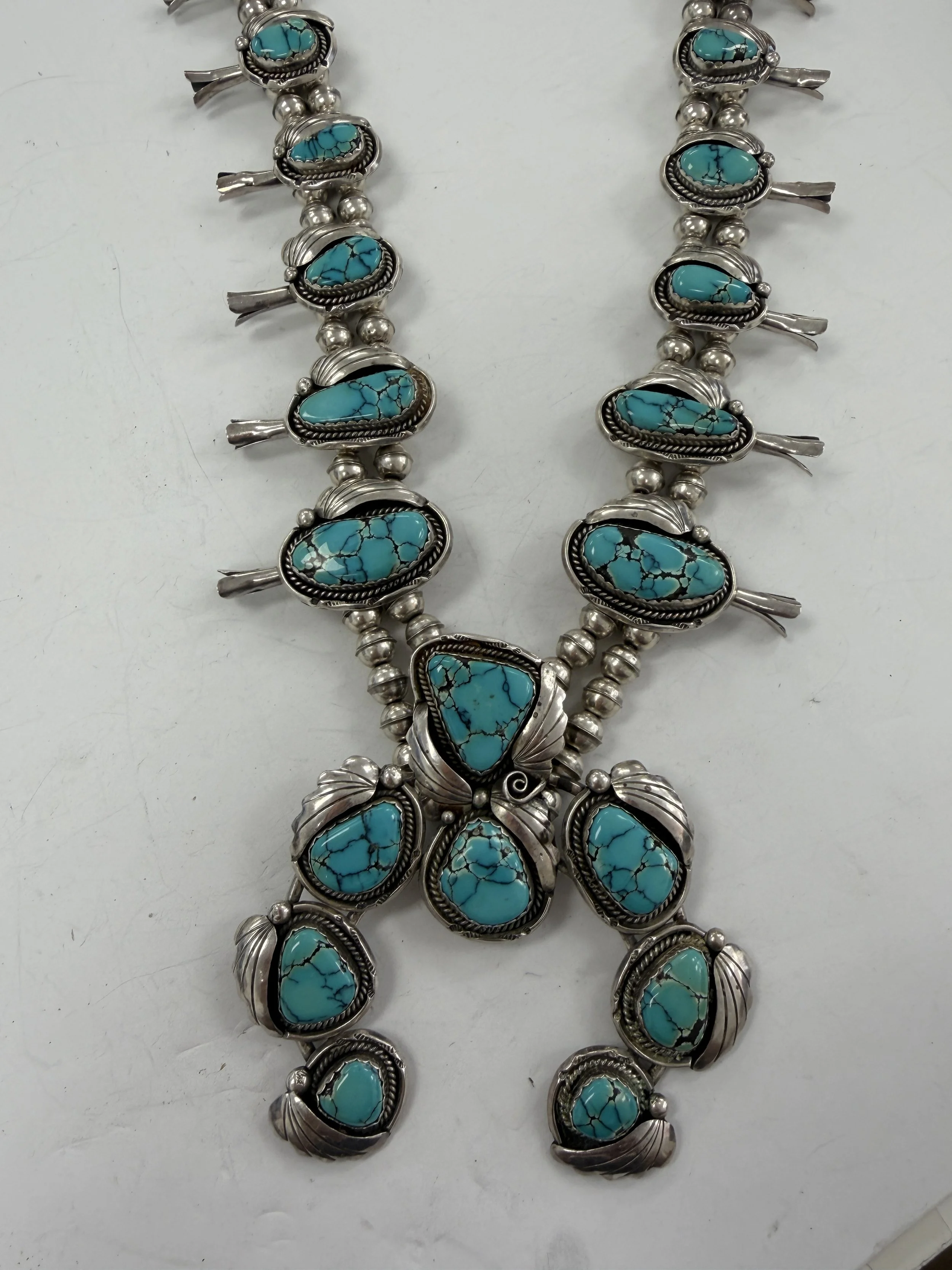 NAVAJO .925 DYER BLUE TURQUOISE SQUASH BLOSSOM NECKLACE $3495.00