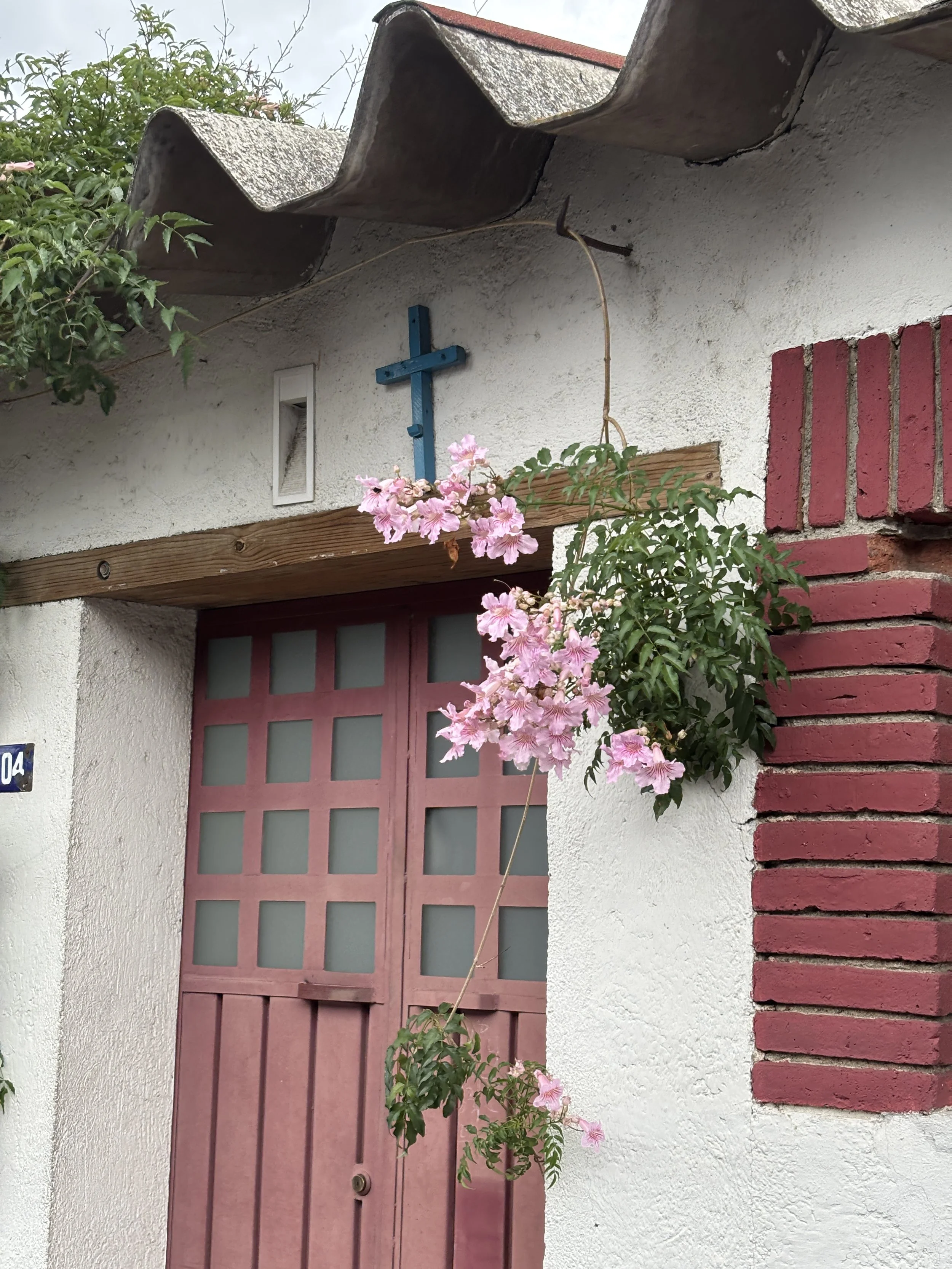 A house door with a pink grid pattern, a wooden beam above, a white textured wall with a brick column, a blue cross, a hanging pot of pink flowers, and a concrete roof edge.