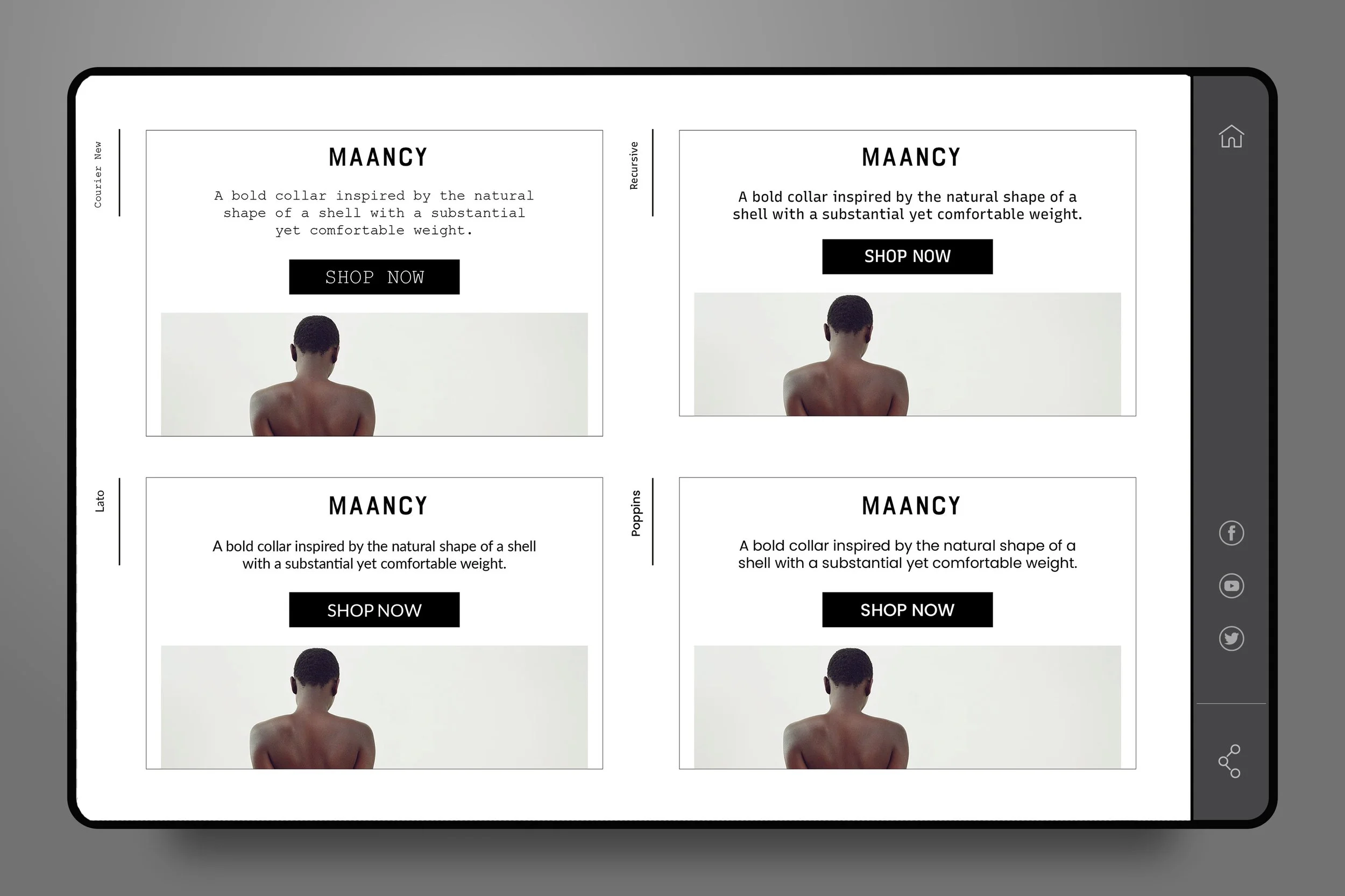 ipad mockup of omnised newsletter platform typeface options