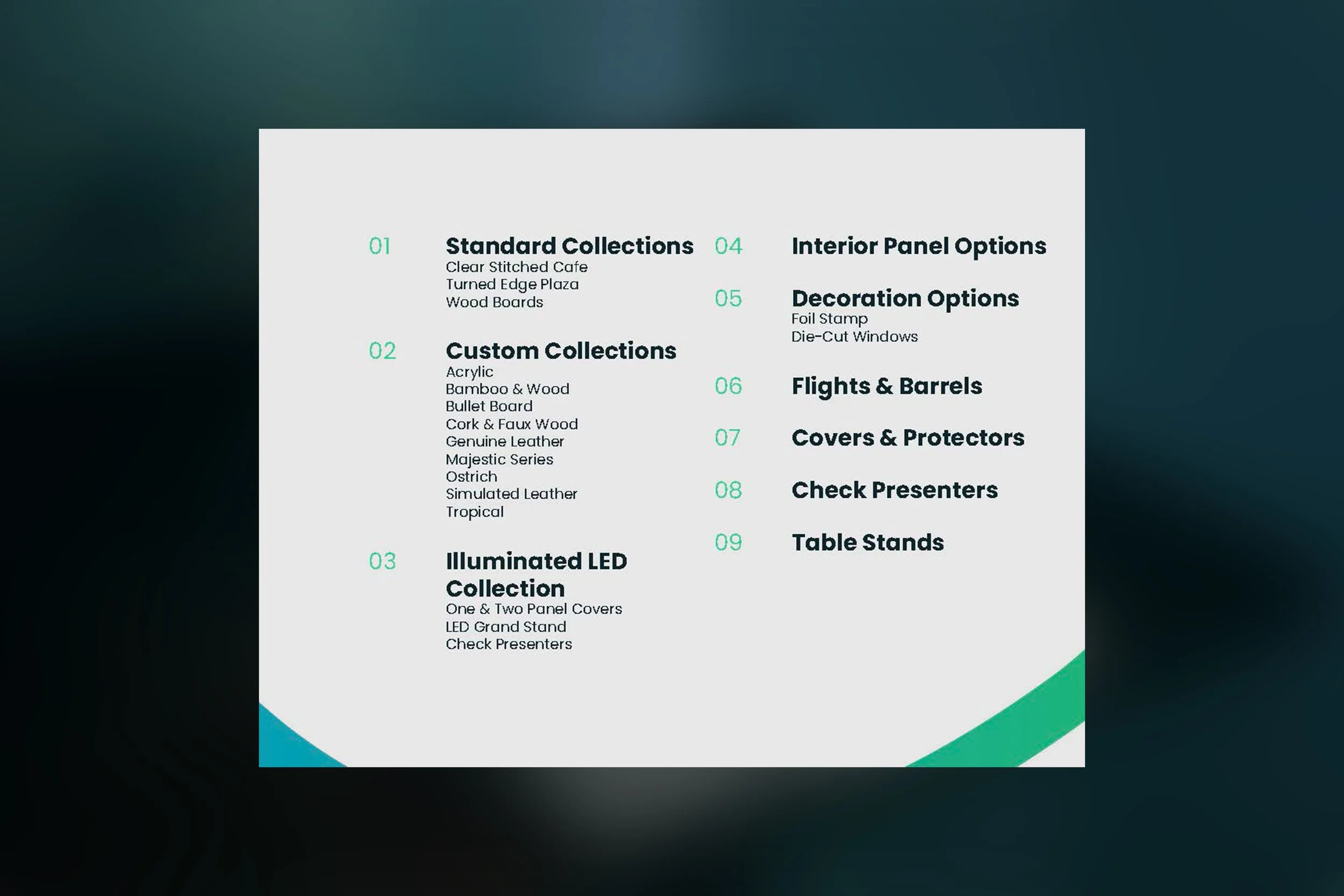table of contents for the accessory product catalog for hyble