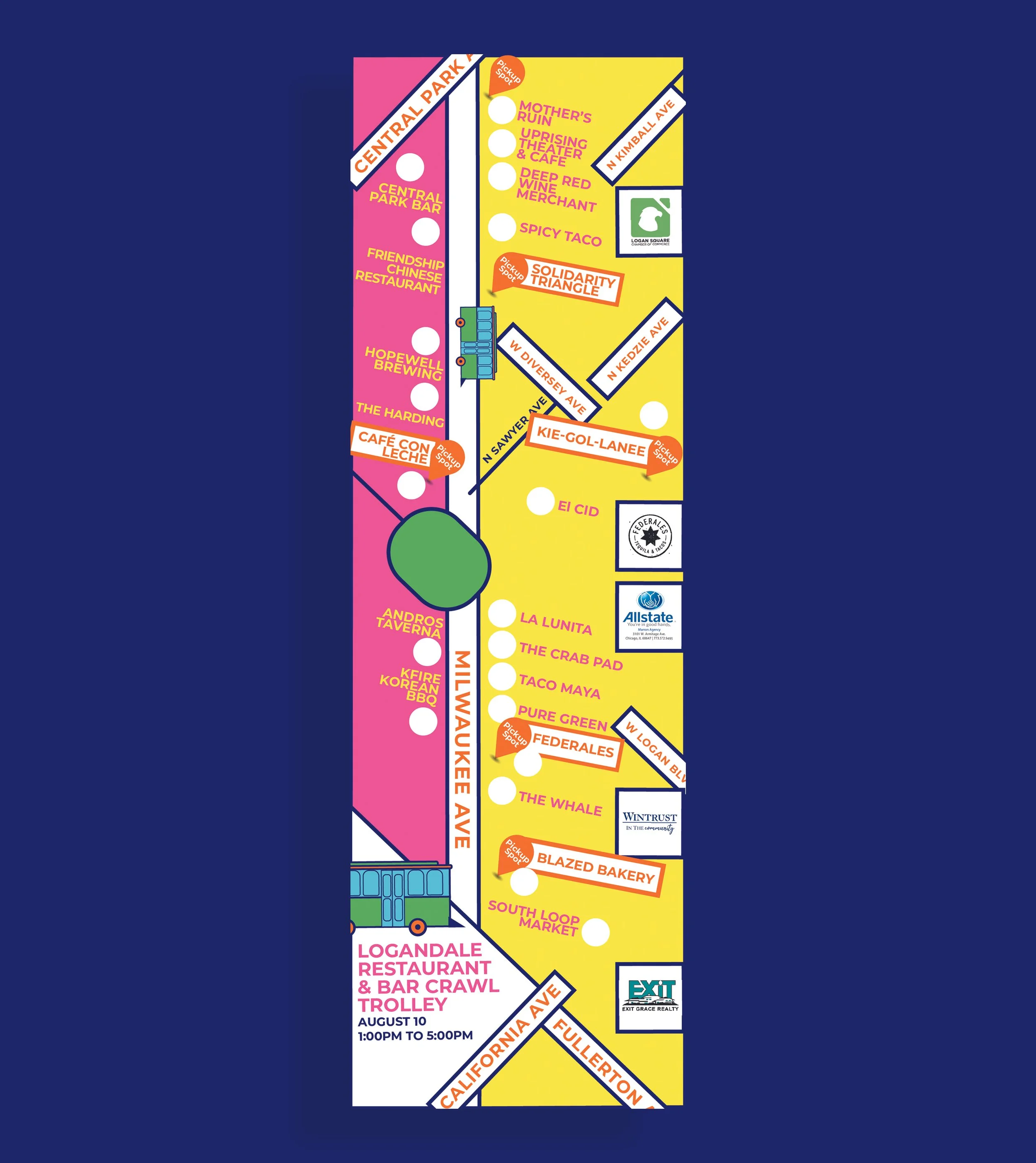 map for the logandale restaurant bar crawl in logan square in chicago