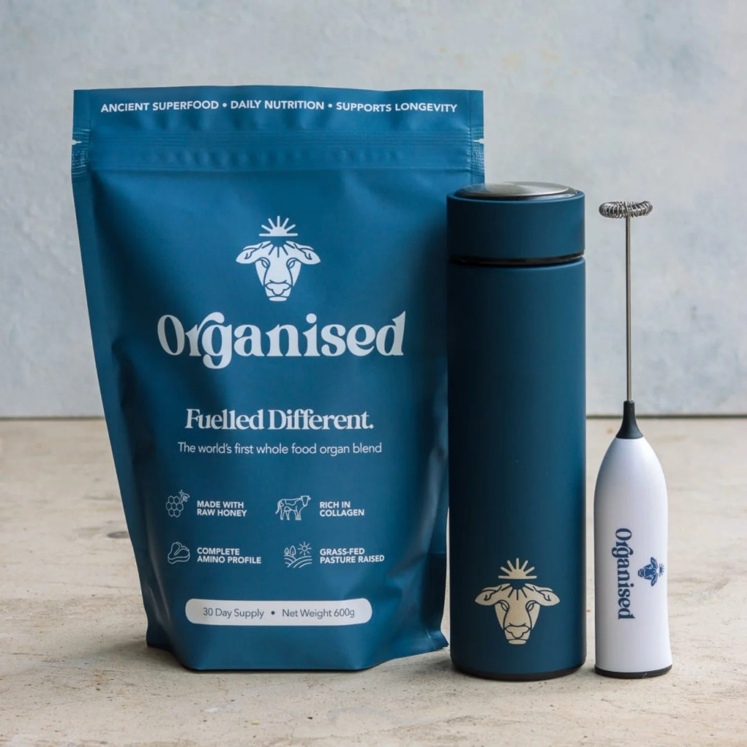 Organised Whole Food Organ Blend with mixing bottle and frother
