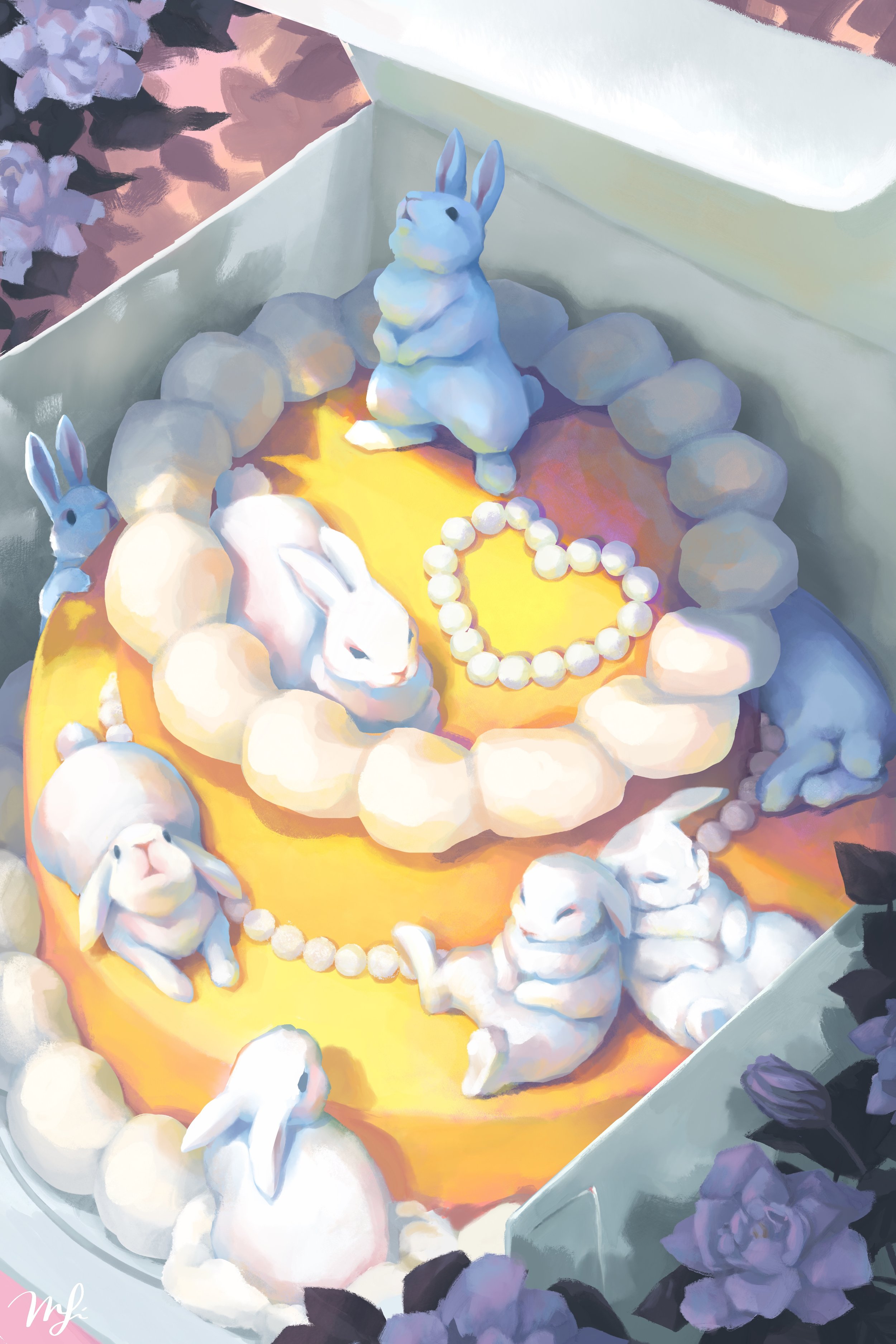 A group of rabbits lounging on top of a two-tiered cake. They are surrounded by flowers.