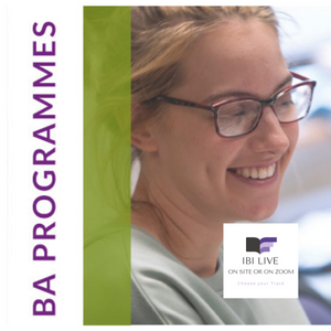Smiling woman with glasses, promotional banner for ABA programs from �Ӱ�Pro Live, with green and purple accents.