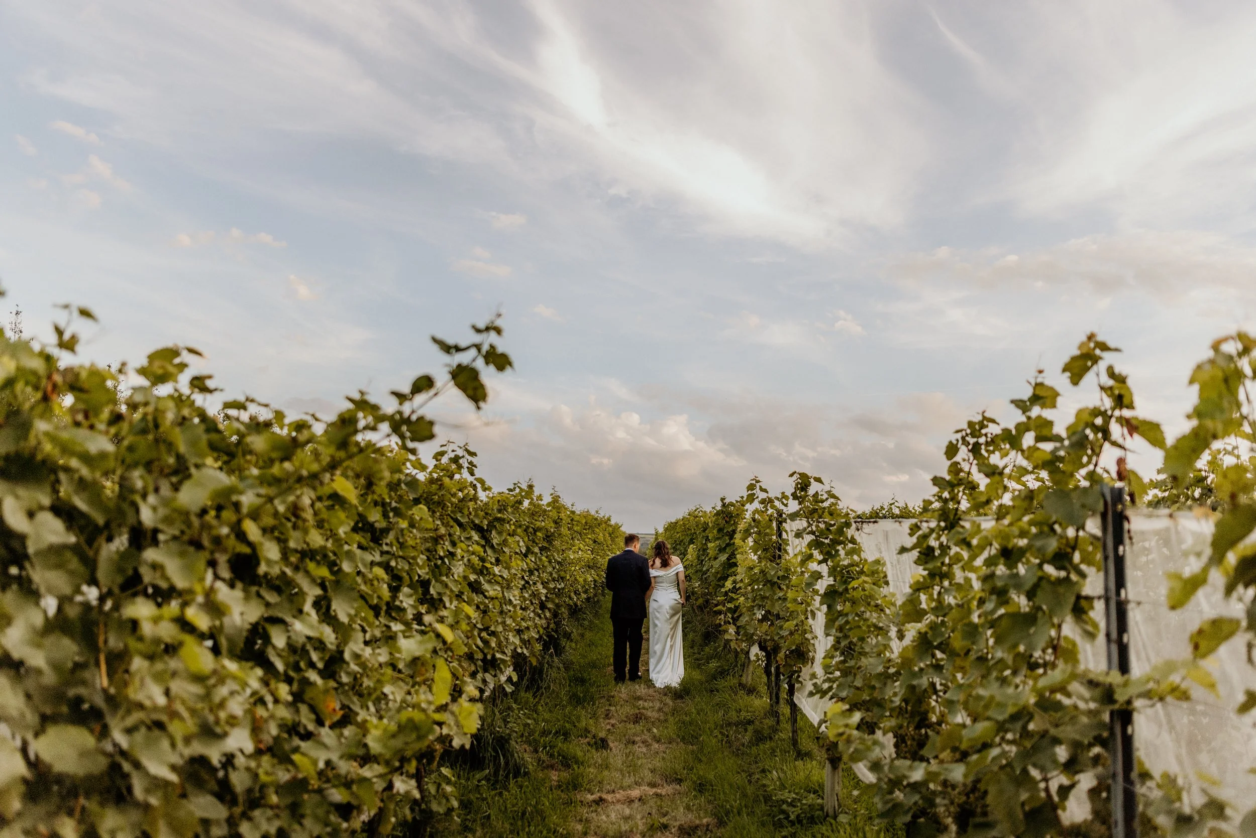 A bride and groom walking hand in hand through a vineyard with a cloudy sky overhead.