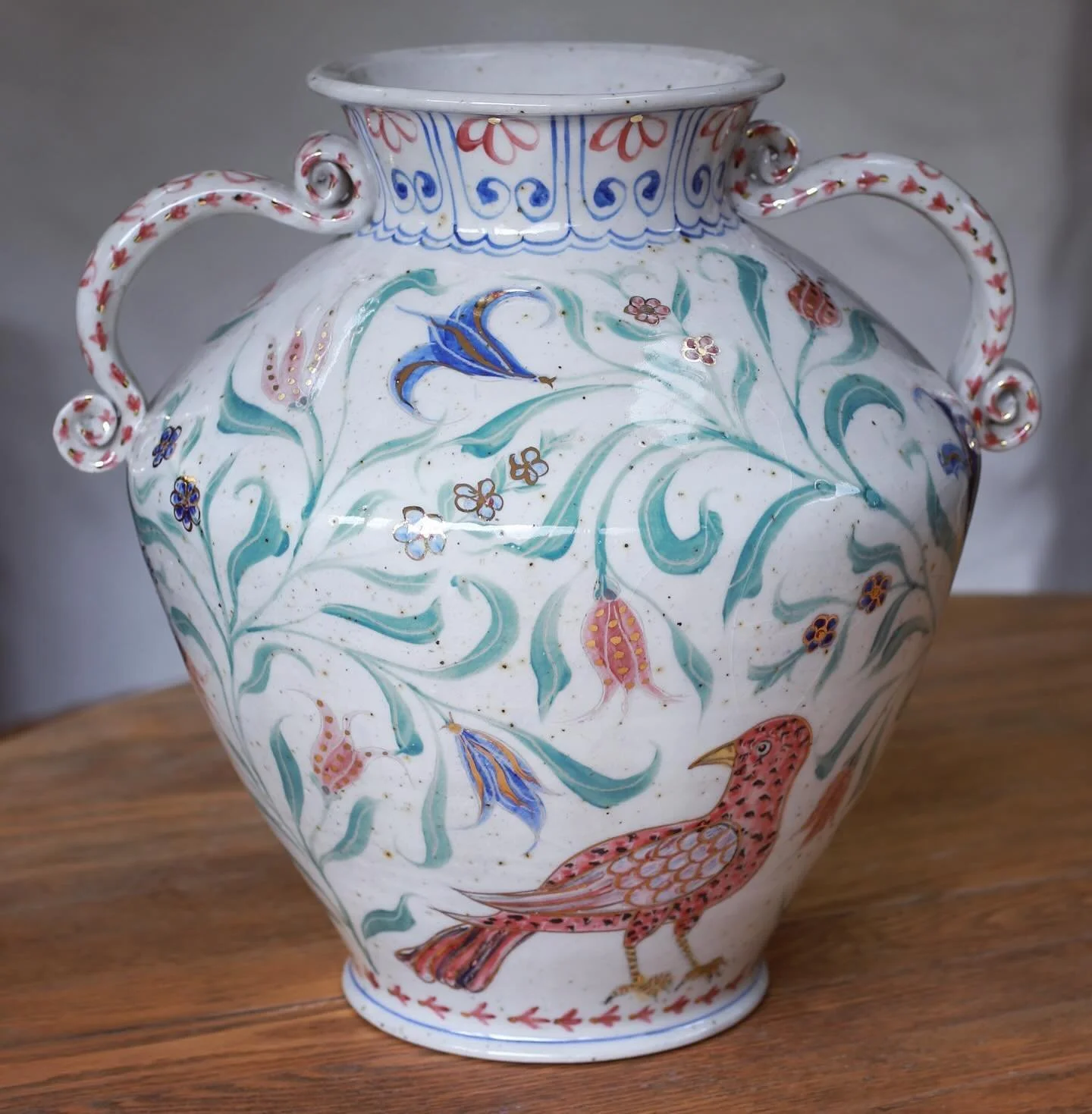 Large handled bird vase (36cm tall). Shape and painting inspired by medieval Persian pots and illustrations. Over painted with 24 carat gold lustre for a bit of fun. 

#birdvase #handmade #handpainted #stoneware #pottery #ceramics #vase