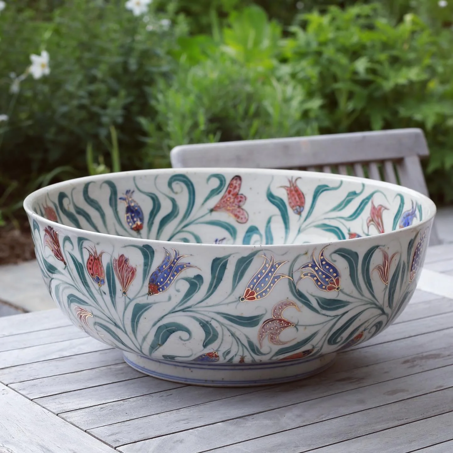 Big lad bowl, maybe the biggest I&rsquo;ve made, because of the steep sides and deep foot it involved a lot more clay than I&rsquo;m used to. Wheel thrown in speckled stoneware, Painted with porcelain slip and Ottoman flowers, over painted once glaze