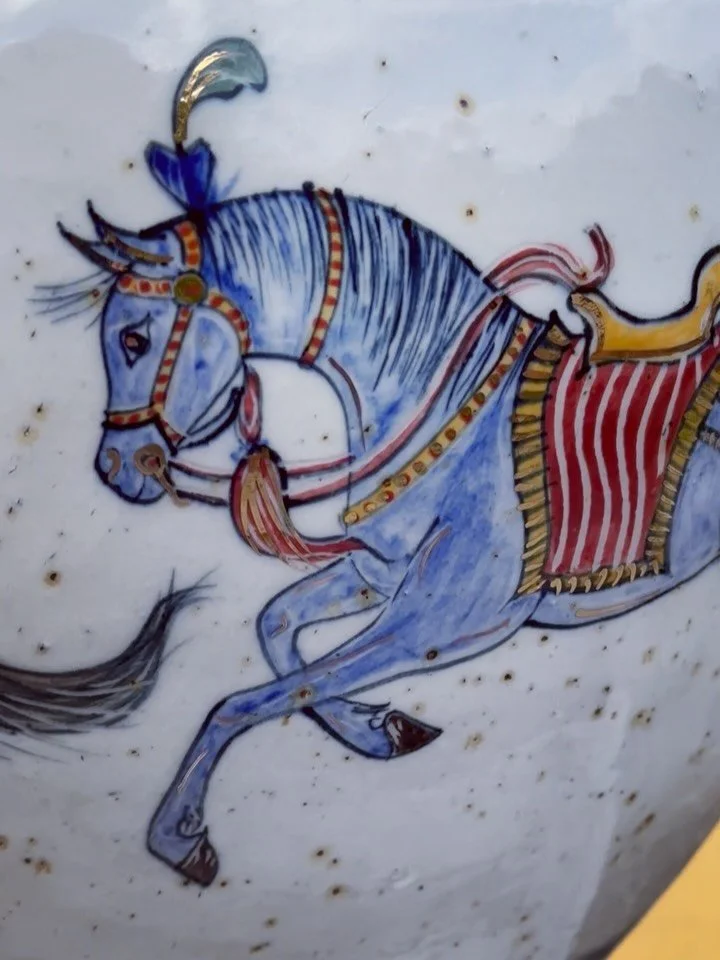 The second large vessel going on Mondays shop update is this XL double handled vase. My take on 16th century Ottoman miniature&rsquo;s depicting a young Sultan with his possy of horses, painted with slips and undeglazes and over painted with 24 carat