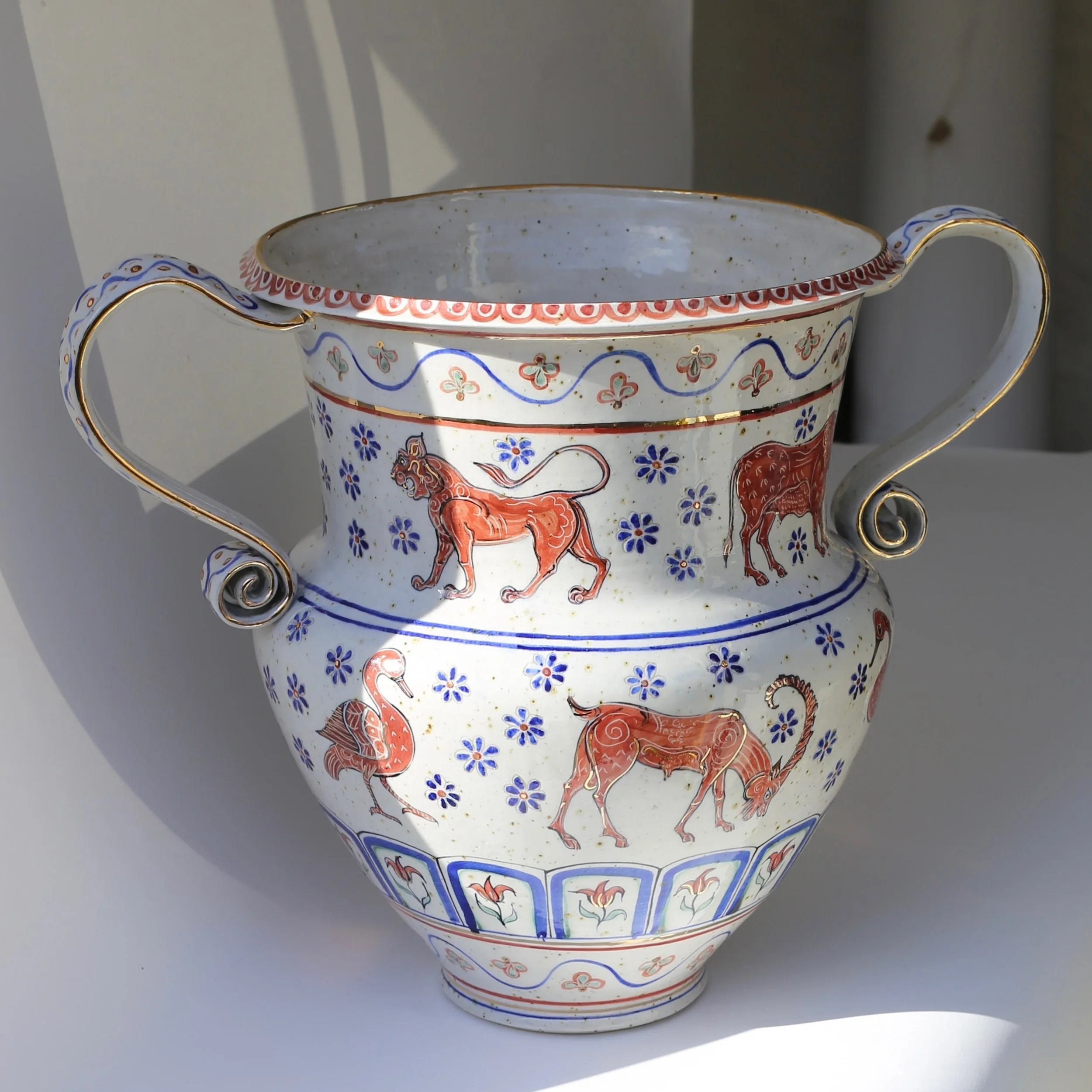 Shop update this Monday 5th October at 7pm. Sign up to my newsletter for an alert (link in bio).

This is one of two very large vessels I&rsquo;ve made exploring my love of ancient Greek and Etruscan pottery. Corinthian animal figures march around th