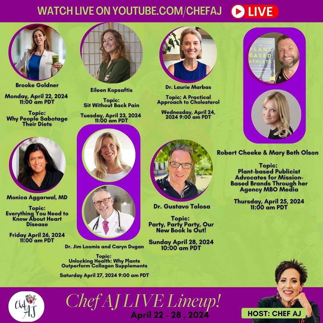 We have a great week ahead on Chef AJ LIVE! Make sure you subscribe to my YouTube channel so you don&rsquo;t miss out on any of the amazing shows! (Note: This schedule is subject to changes).

Monday, April 22nd 11a PDT: Goodbye Lupus With Dr. Brooke