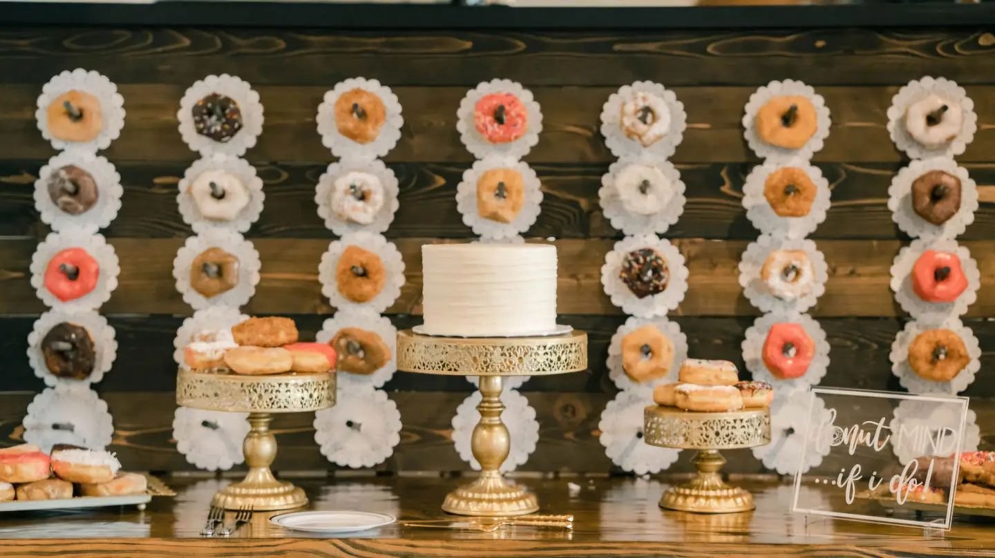 Bring your donuts and your cake, and our team will handle the rest! 
We have cake risers,  dessert platters, and a donut wall making your cake table setup a breeze. :) 

Photo @anniestrevergroup
