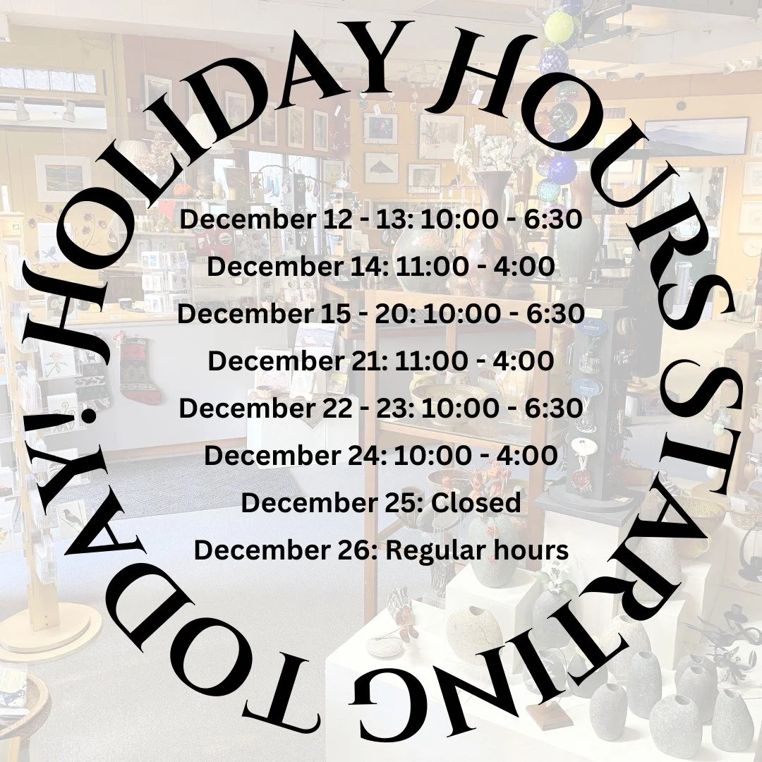 Artisans Hand is extending its hours starting today! Now it's more convenient for you to come by the gallery and pick up the perfect gift for that special someone.

Here are our updated hours:

December 12 - 13: 10:00 - 6:30
December 14: 11:00 - 4:00
