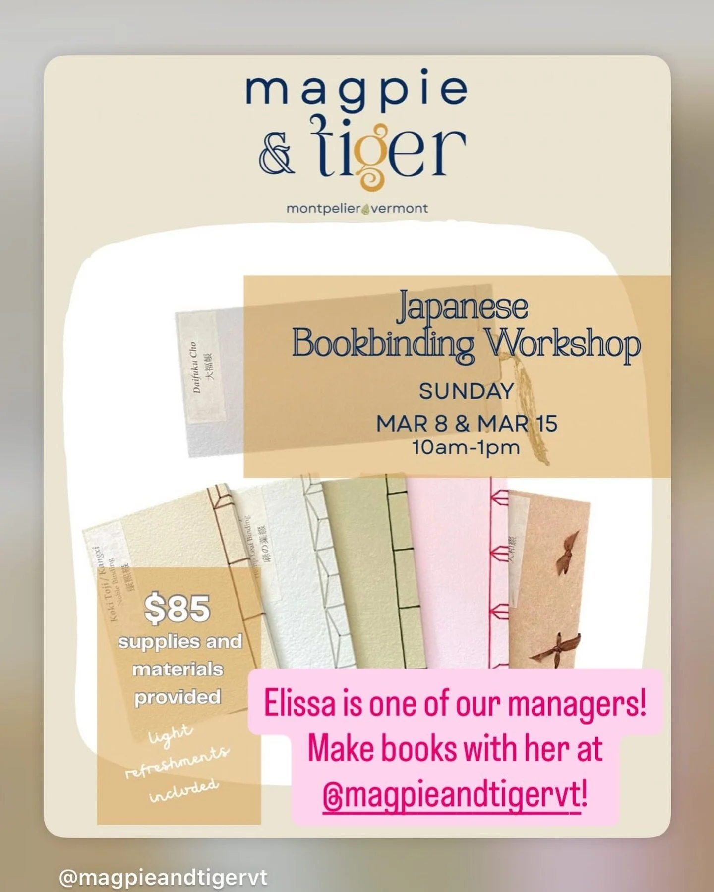 There are still spots in this Sunday&rsquo;s Japanese Bookbinding workshop! The price is all-inclusive and you don&rsquo;t have to bring any tools or materials with you.

Feel free to DM Elissa at @blueroofdesigns with questions.