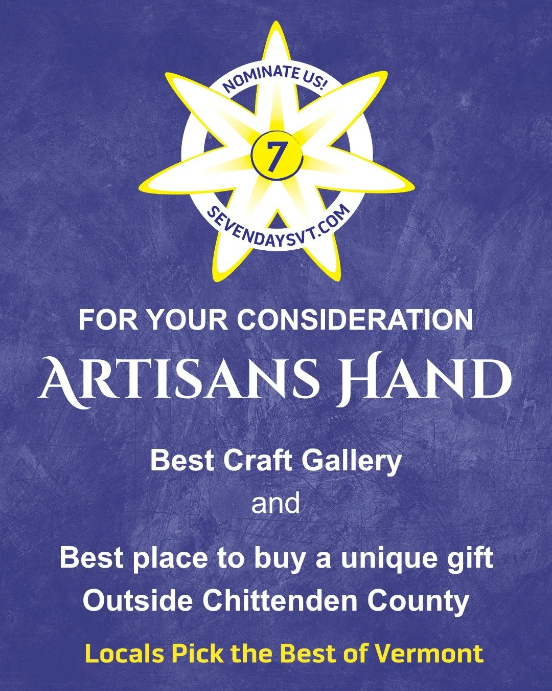 The nominations round for the 𝟮𝟬𝟮𝟲 𝗦𝗲𝘃𝗲𝗻 𝗗𝗮𝘆𝘀𝗶𝗲𝘀 begins today and goes until May 3! 🌼🌼🌼

The top finalists in each category will advance to round #2 beginning June 2. In that round, @sevendaysvt presents a ballot and readers vote f