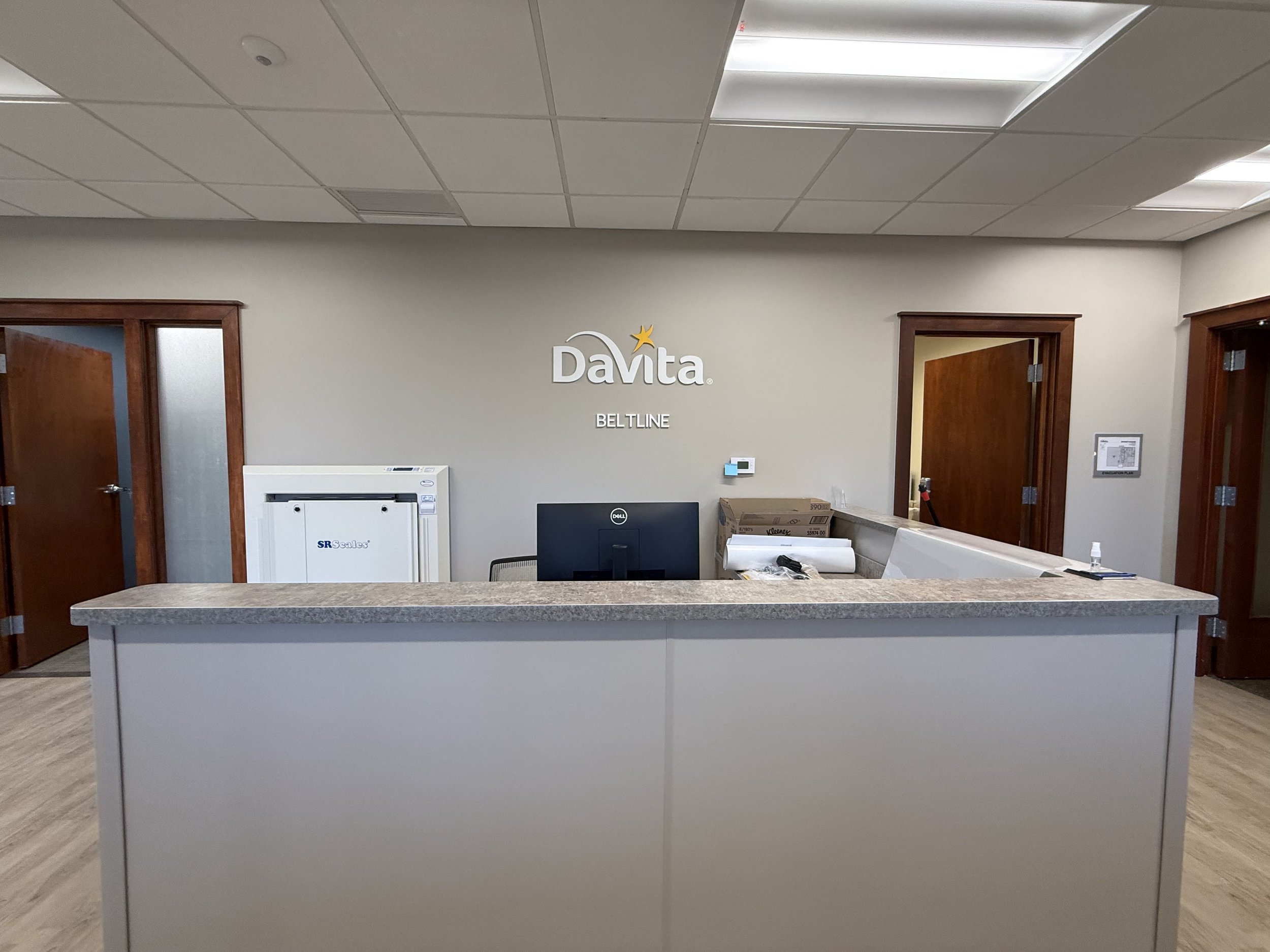 DaVita Home Training Center reception area from a dialysis office buildout completed by Expert Building Maintenance, Inc.