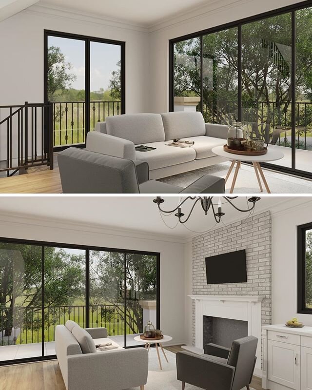 A couple weeks back, we shared the exterior renderings of this ADU we're building in Cardiff. Now, we're offering you a glimpse of the second floor great room design. The fireplace wall adds a cozy sense of home, while the sliding glass doors blur th