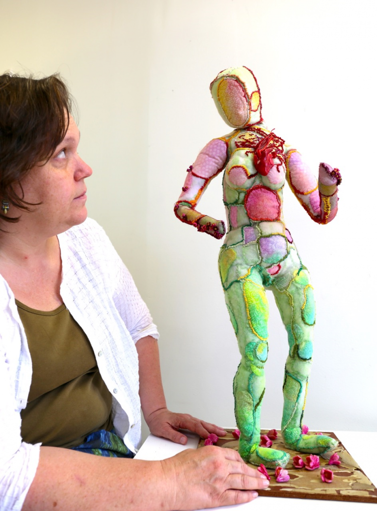 Patricia de Poel Wilberg considers her soft sculpture.