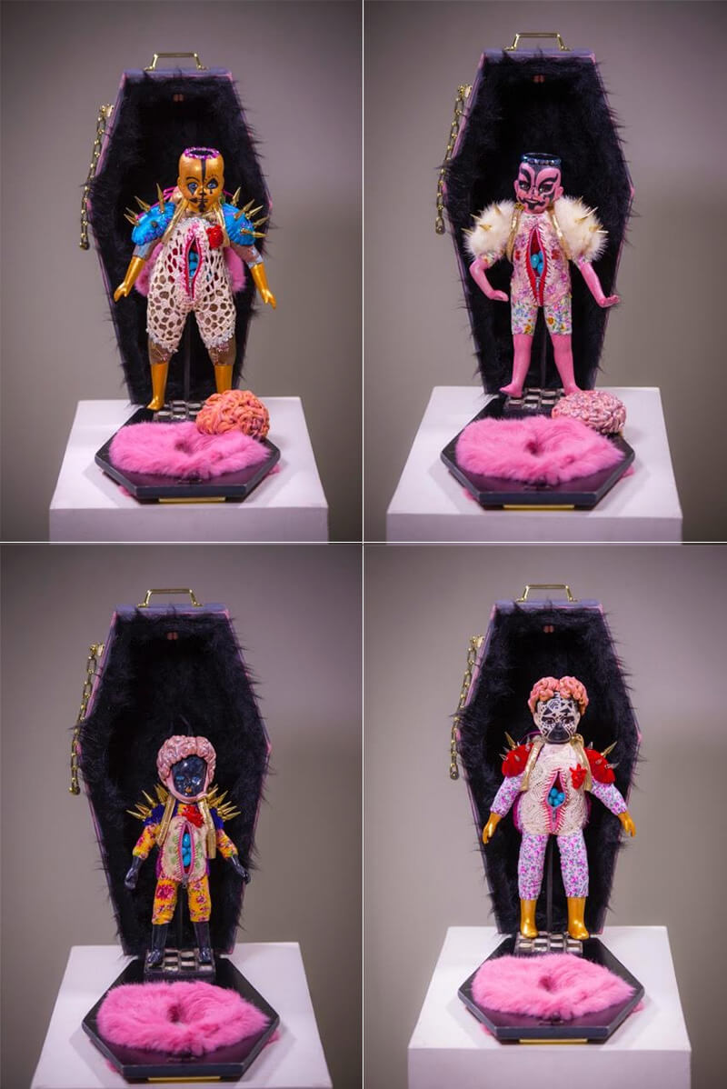 Petit Oracles , clockwise from top: Goddess of “Oh Yes I Did”, Goddess of I Got This, Goddess of Taking No Shit, Goddess of Badassery (2016) Ceramic, vintage textiles, brass, crystals, thread, wood, fur, zippers 24 x 12 x 10