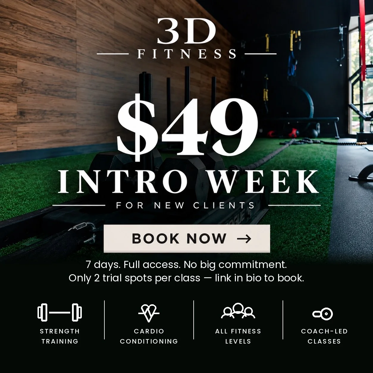 Thinking about getting back into a routine? Try 3D Fitness for 7 days for $49 &mdash; full access, no big commitment.

Small group classes, capped at 12 people, coaches who know your name. Strength and cardio every session, built around your schedule