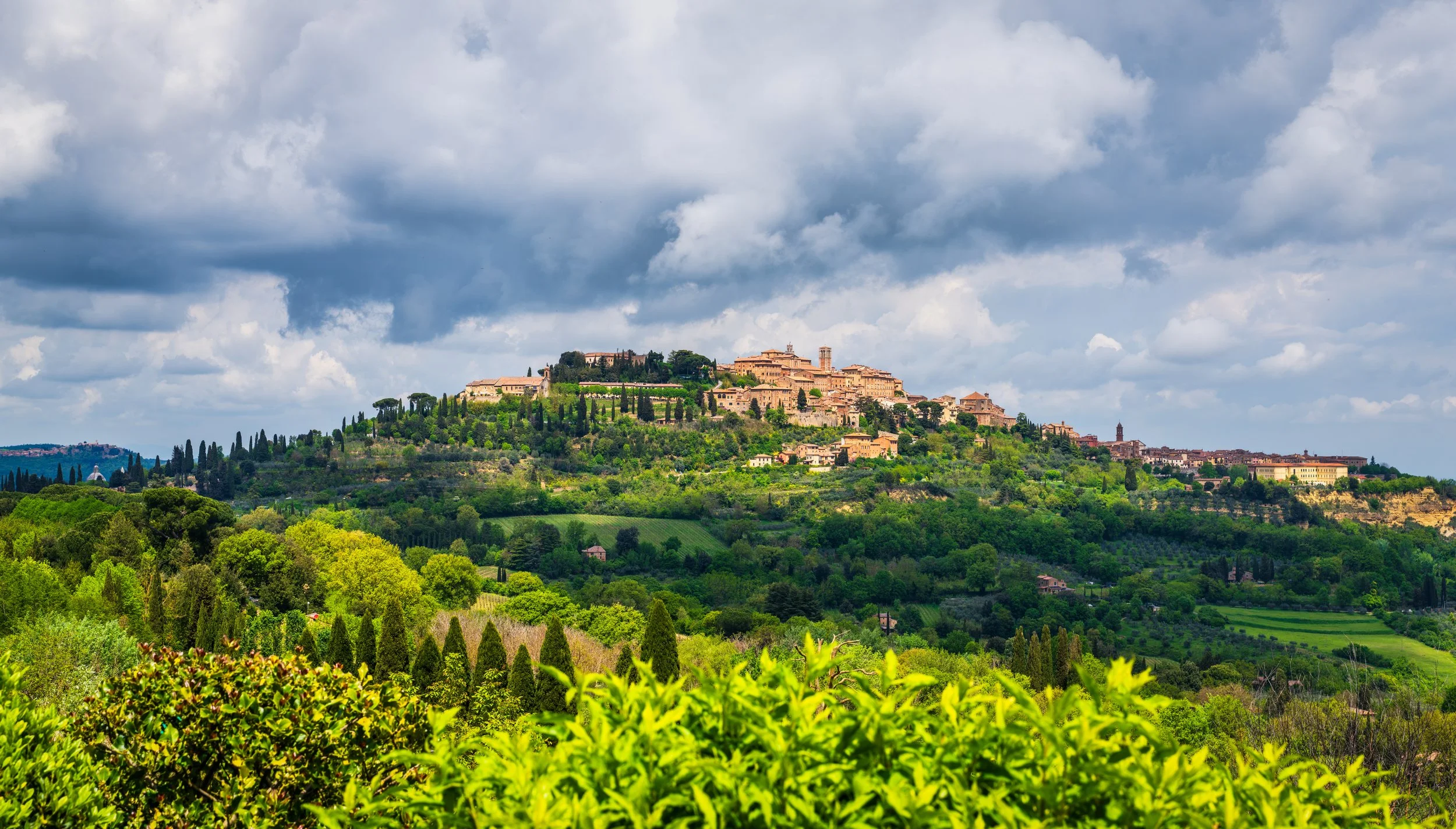Panoramic landscape of Montepulciano, a historic hilltop town in Tuscany, Italy, surrounded by rolling green vineyards and lush countryside under a dramatic cloudy sky. A classic destination known for wine, architecture, and breathtaking views.