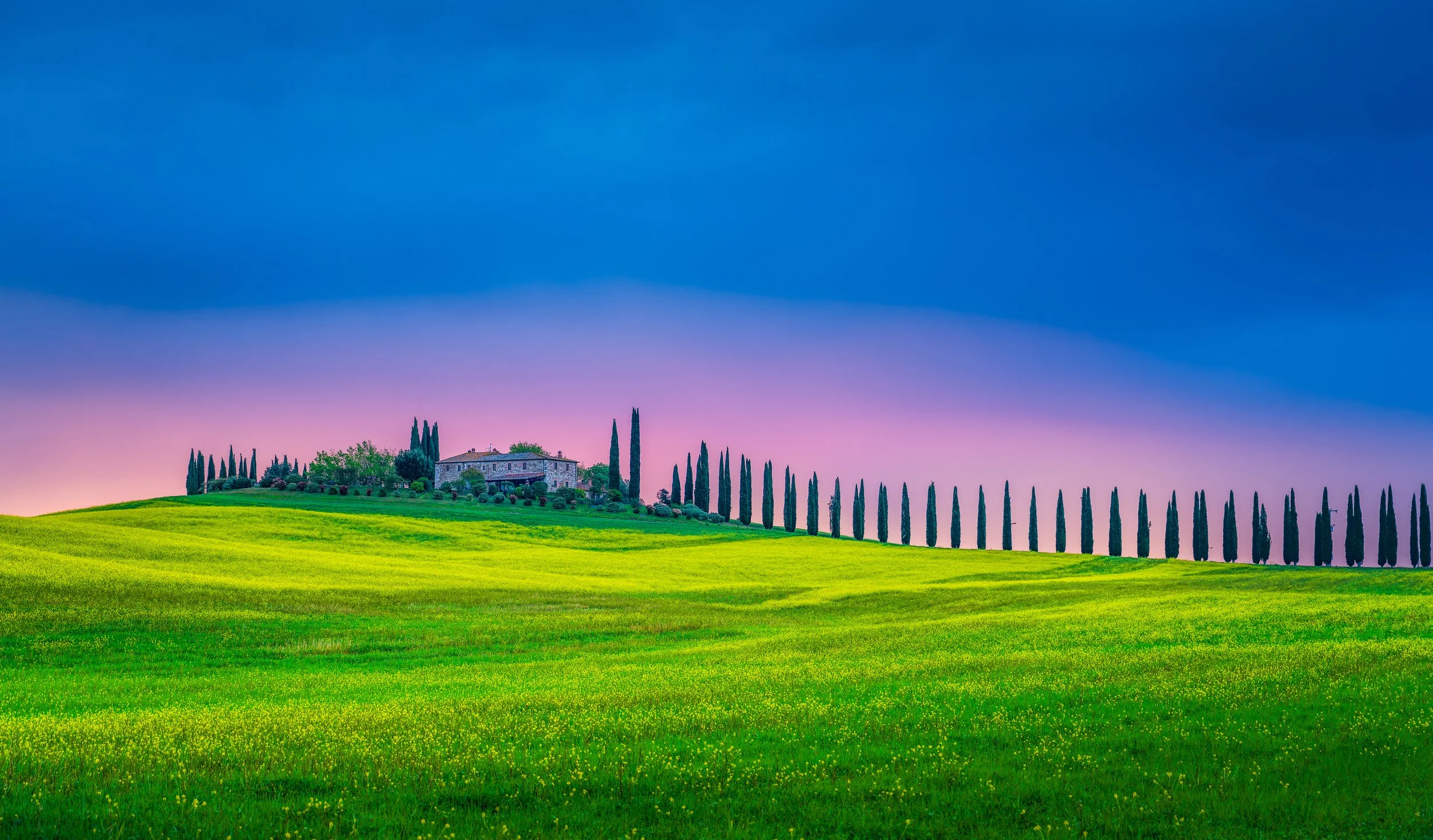 Vivid landscape of Tuscany featuring rolling green hills, a traditional farmhouse, and a long row of cypress trees leading across the horizon under a dramatic colorful sunset sky. A perfect representation of the iconic Italian countryside and its tim