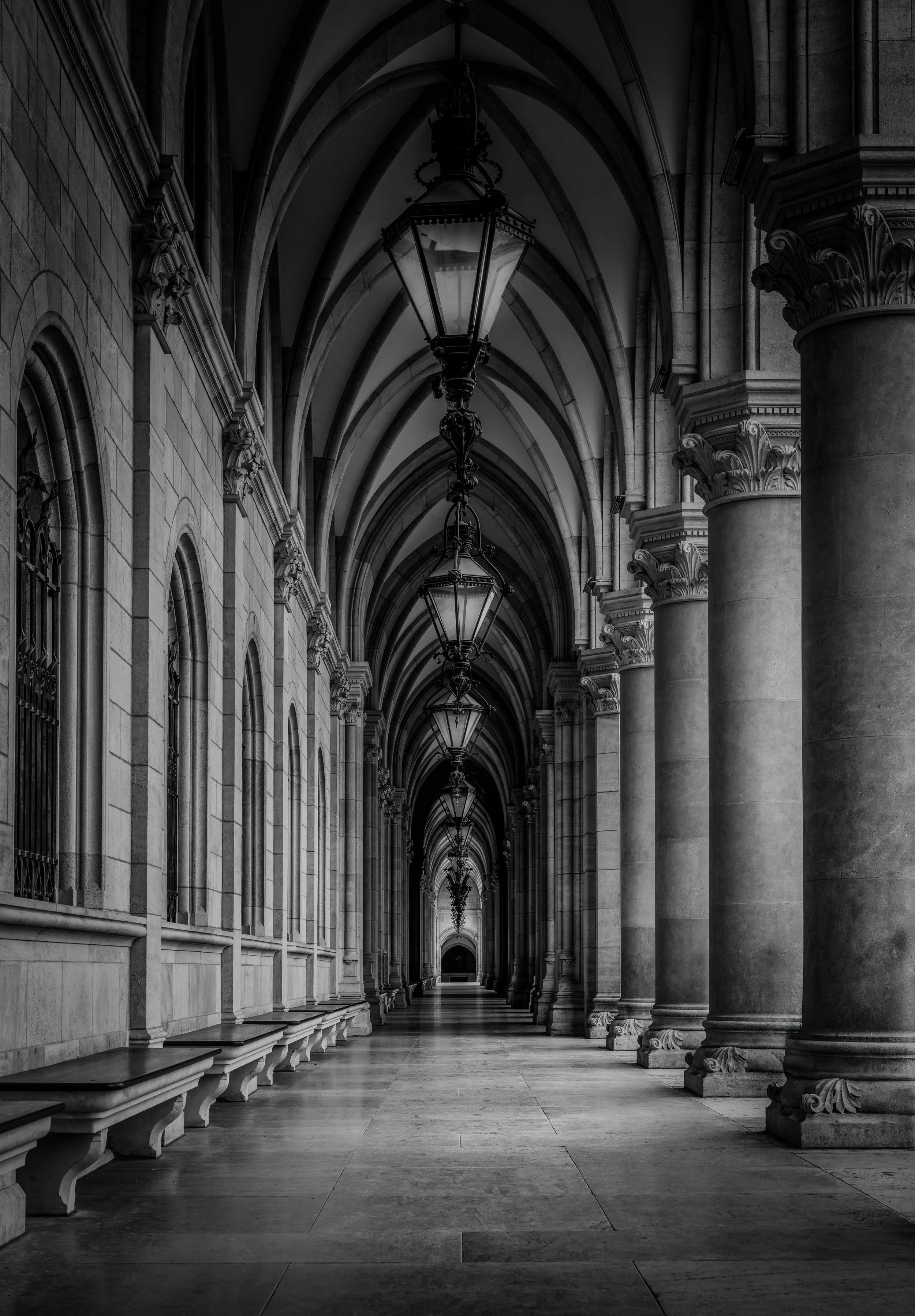 A dramatic black and white photograph of a grand Gothic corridor in Vienna, featuring symmetrical stone arches, ornate columns, and vintage hanging lanterns. The long perspective creates a striking sense of depth and architectural elegance, making it