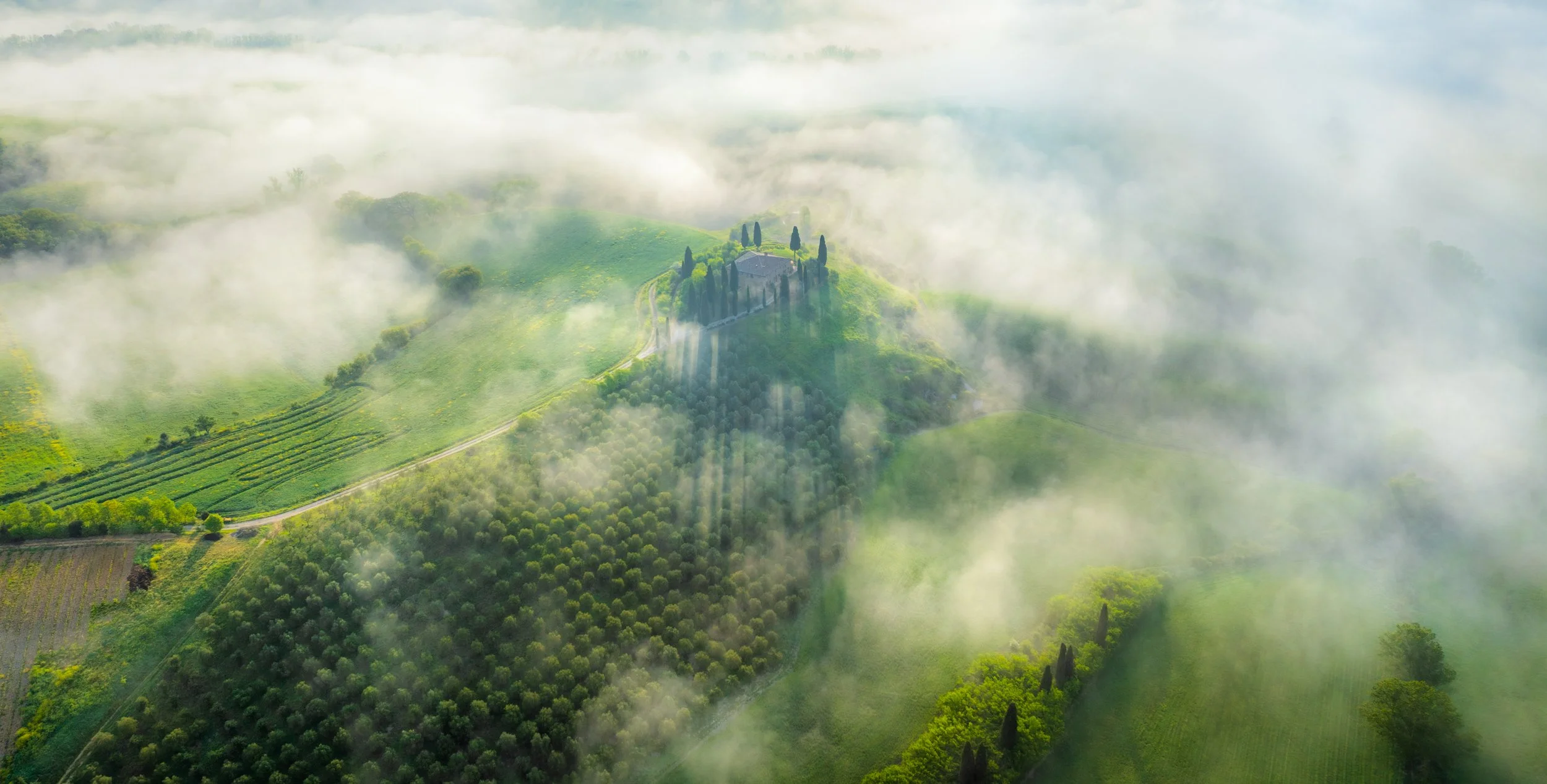 Stunning aerial landscape of the rolling hills of Tuscany at sunrise, with soft morning fog drifting over green fields and a secluded farmhouse lined with iconic cypress trees. Perfect representation of the serene Italian countryside.