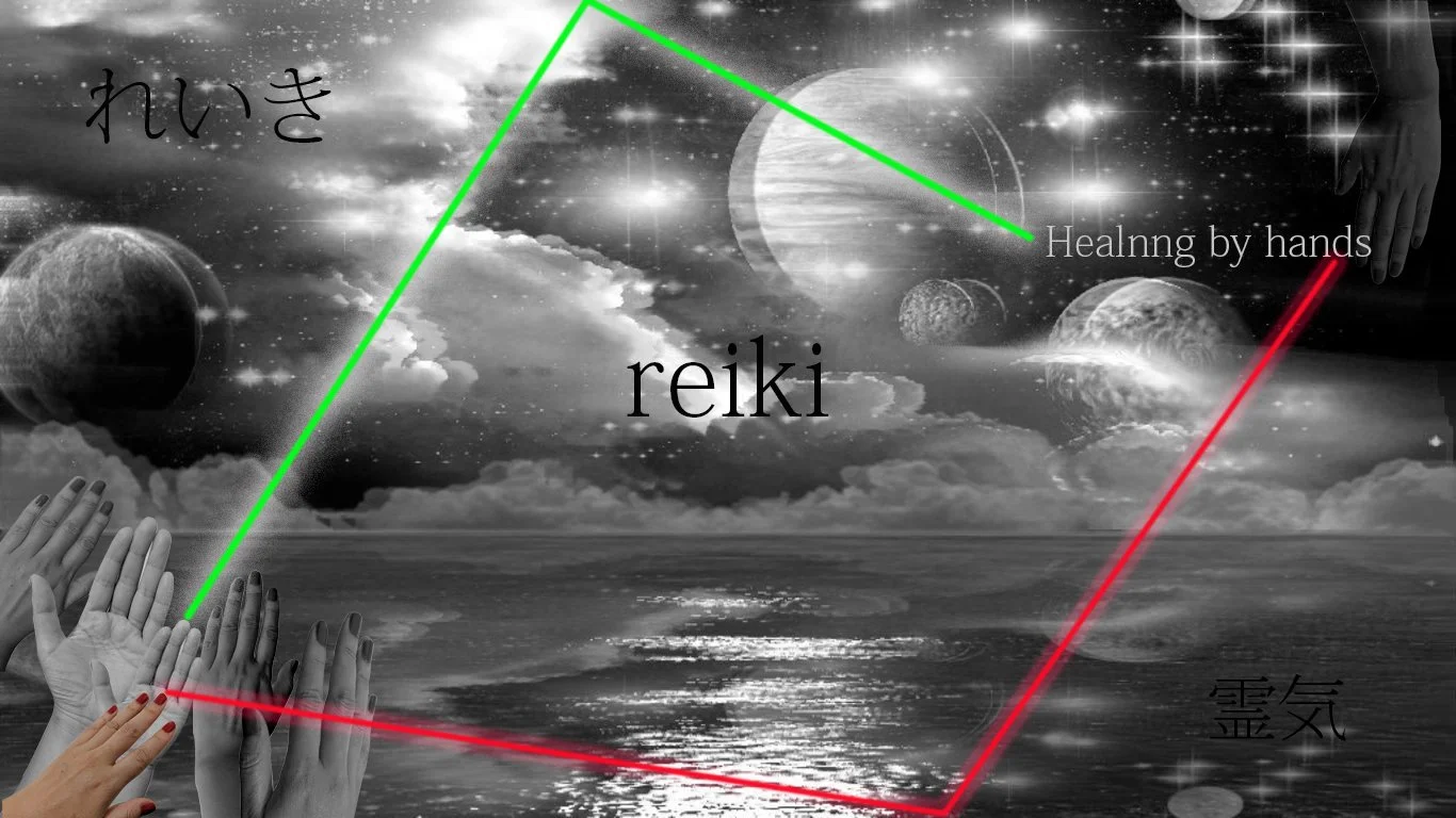 A black and white digital collage featuring multiple hands reaching upward, planets, stars, and clouds with the words "reiki," "Healing by hands," and Japanese characters, over a moonlit ocean scene.