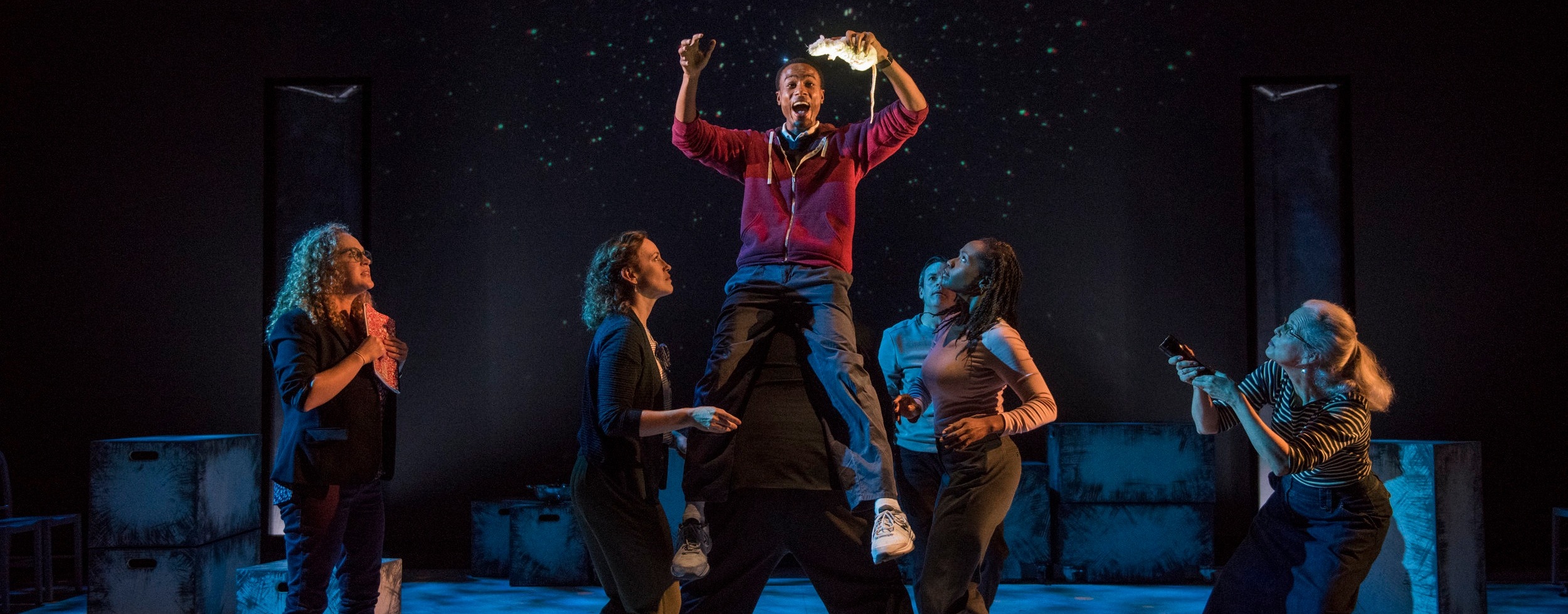   Caroline Neff ,  Rebecca Spence ,  Terry Bell ,  Eunice Woods,  and  Meg Thalken  in Steppenwolf for Young Adults’ production of  The Curious Incident of the Dog in the Night-Time,  Directed by  Jonathan Berry , Movement Creation by  Dan Plehal . P