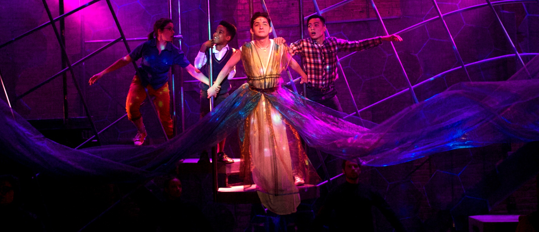   Jamie Cahill, Trent Davis, James Romney , and  Glenn   Obrero  in Lifeline Theatre’s production of  A Wrinkle in Time , Directed by  Elise Kauzlaric , Movement Direction by  Dan Plehal . 