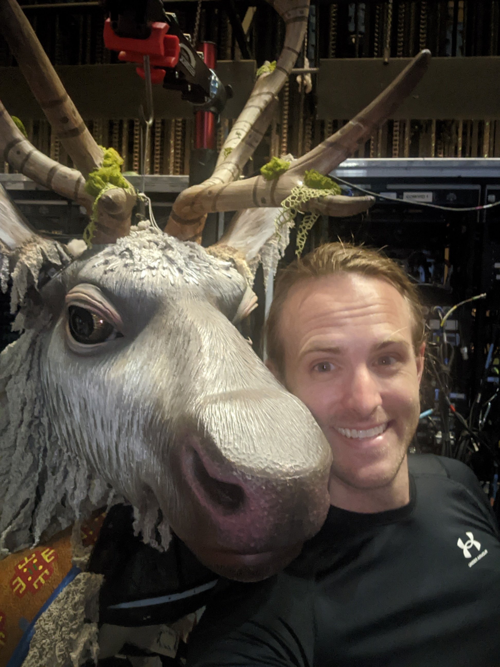   Dan Plehal  with “Sven”, backstage on the Frozen Broadway National Tour 