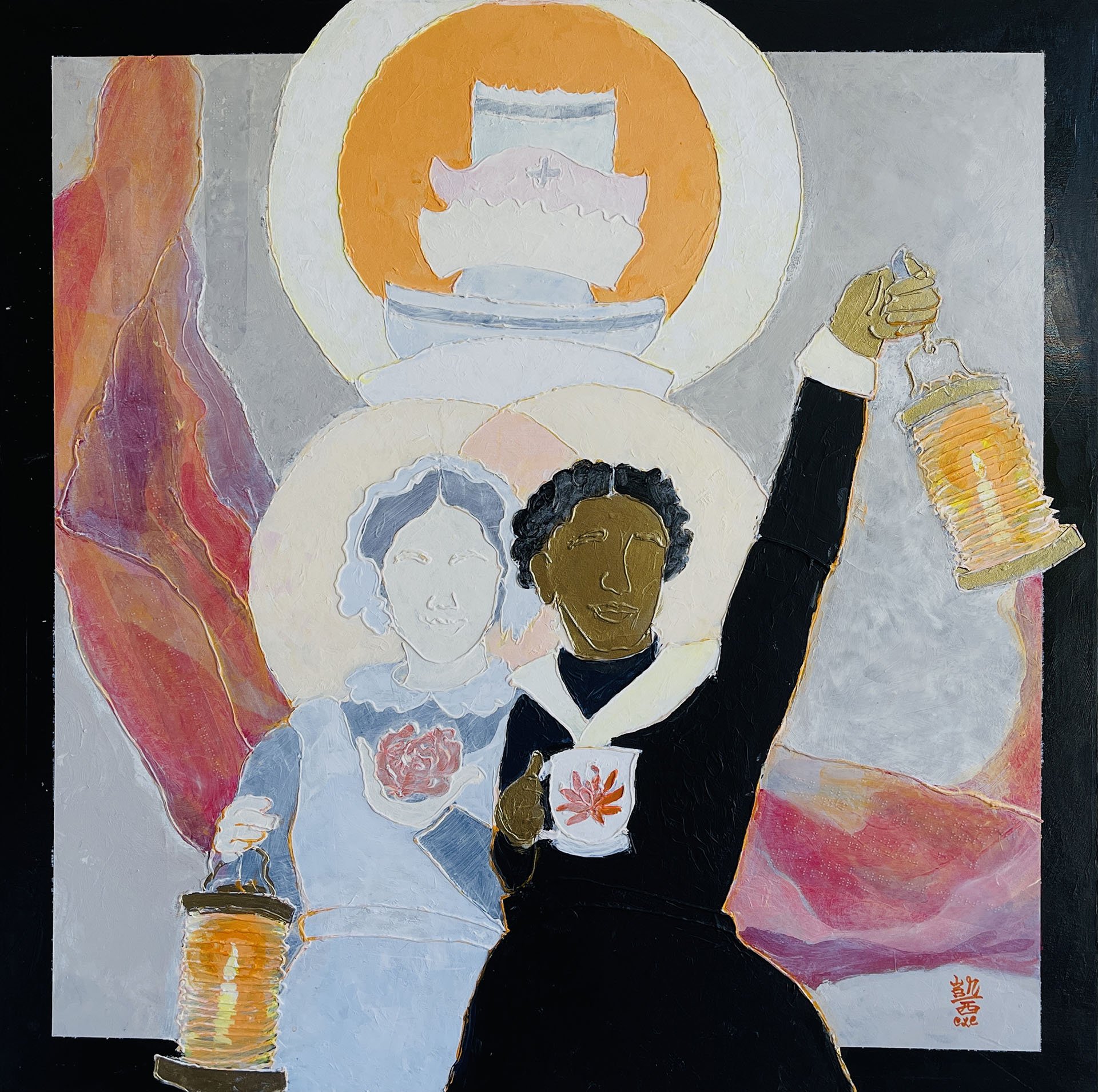 Catherine Lecce-Chong, Bone Black and Lyla’s White: Two Ladies with Lamps.  Acrylic paint on canvas. 36” x 36”