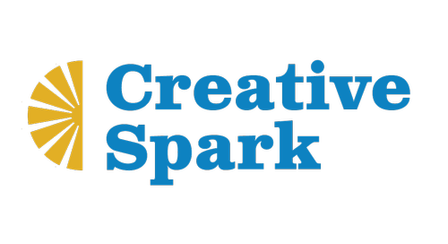 Logo with a yellow semi-circle and black lines resembling a spark, next to the text 'Creative Spark' in blue font on a black background.