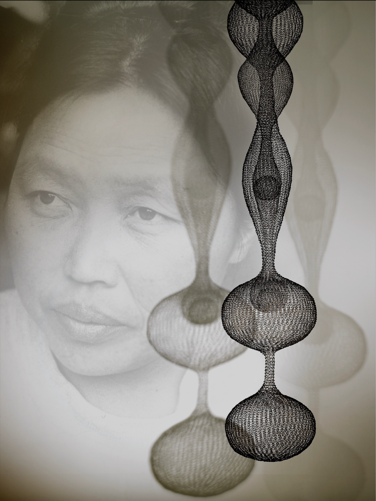 A woman's face in black and white photo overlaid with a modern, abstract black wire sculpture that resembles a double helix shape.