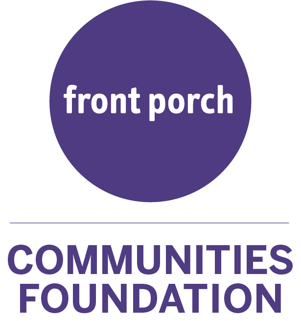 A logo with a purple circle containing the white text 'front porch' and underneath, the words 'COMMUNITIES FOUNDATION' in bold purple letters.