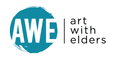 Logo with the letters 'AWE' inside a blue circle, accompanied by the text 'art with elders'