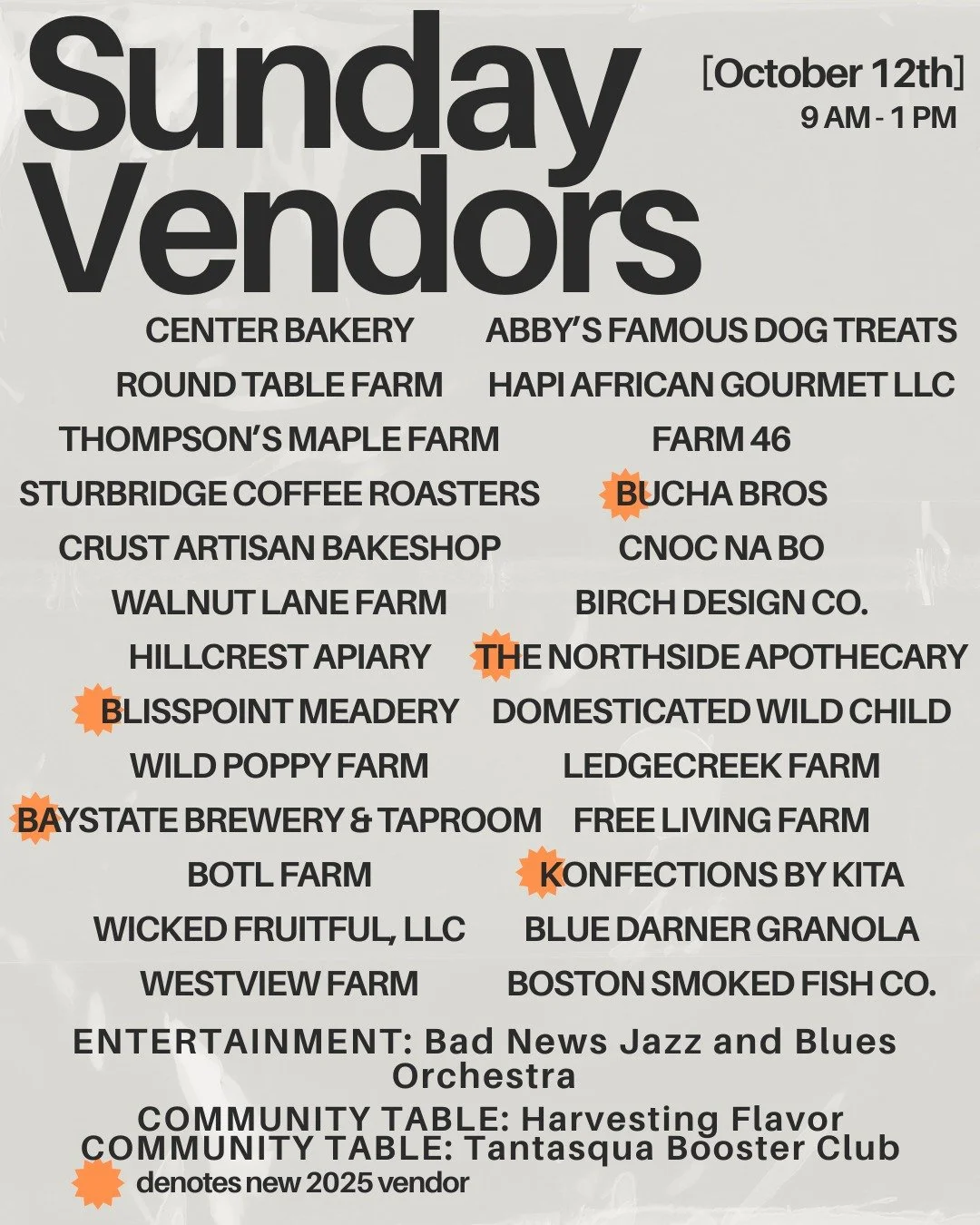 Sunday October 12th Vendor Lineup!🗒️

🩷Wow, it's our final market of the 2025 Season! Time has really flown by! Be sure to get your Loyalty Card punched and get your market bag. If you're close to 12, I've heard that you might be lucky and get an e