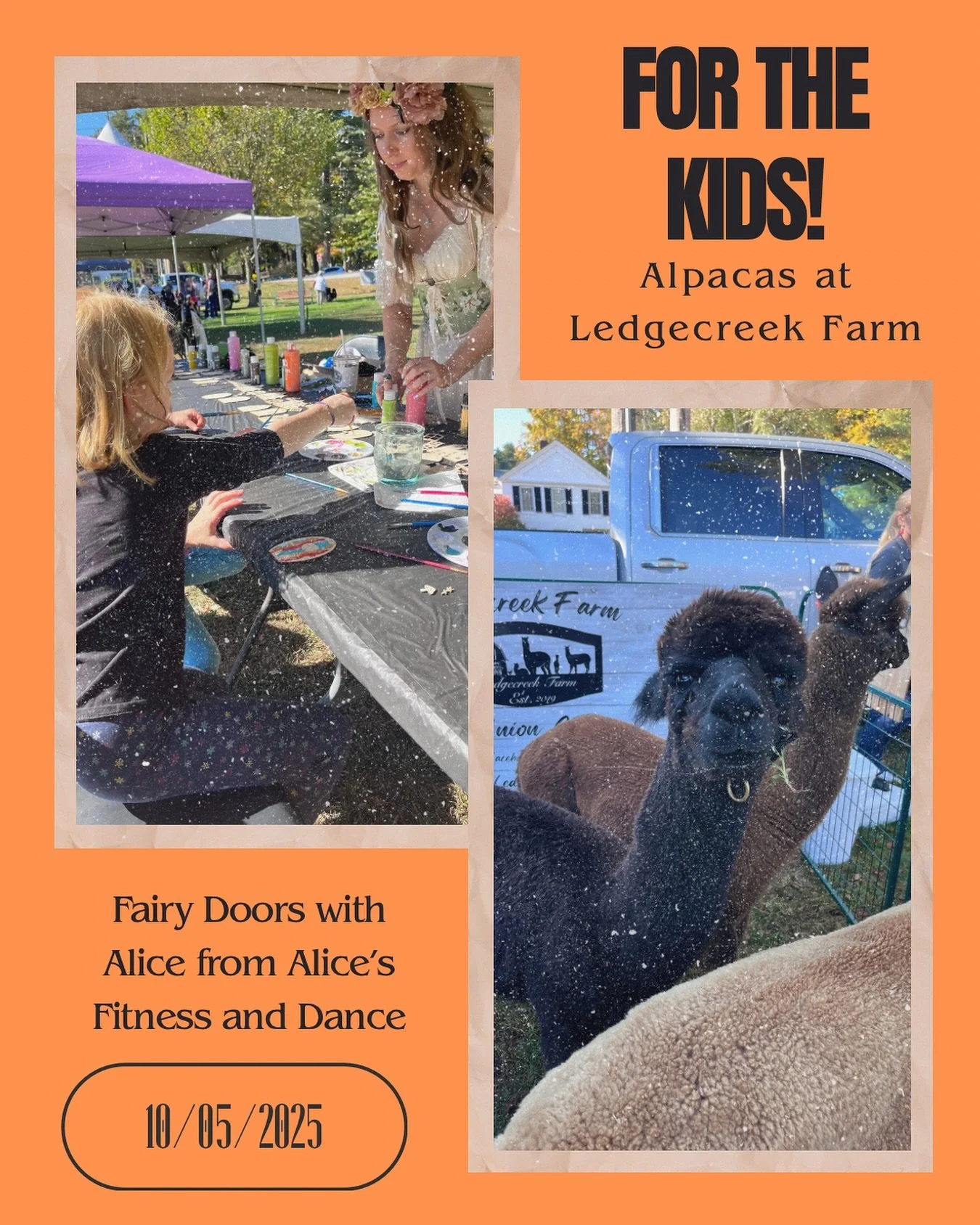 🪁Looking for something to do with the kiddos?🧸

🦙Come on down to the Common! We have Alpacas from Ledgrecreek Farm that you can feed+pet!
Alice has Magical Fairy Doors to decorate!🧚🏼&zwj;♀️

🐕🍅Be sure to pick up your tomatoes from Hidden Bloss