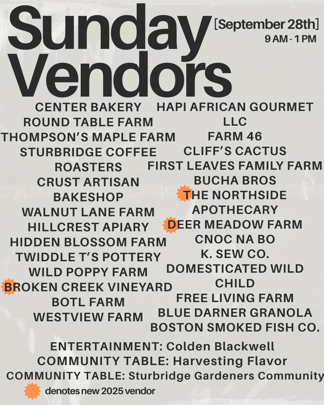 Sunday September 28th Vendor Lineup!🗒️

🩷This weekend is our last Artisan Pop-Up of the season! Visit local artisans, and get a second punch on your Loyalty Card! 

🎵Colden Blackwell is joining us once again! 

Jill from Harvesting Flavor will be 