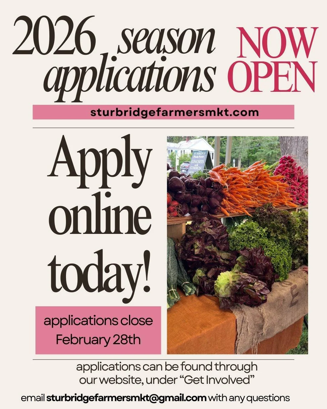 ☀️We are so happy to share that 2026 Season Applications are now open! We will be accepting responses  from December 15th, 2025 to February 28th, 2026. 

↳Apply online through our website, sturbridgefarmersmarket.com

‼️We cannot accept incomplete or