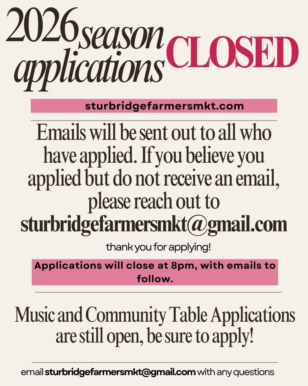 ‼️2026 Season Applications will be CLOSED at 8pm on 2/28! Applicants should look for an email to confirm. Thank you all for applying, we look forward to welcoming many new faces to our Market this year!

*If you believe you submitted an application b