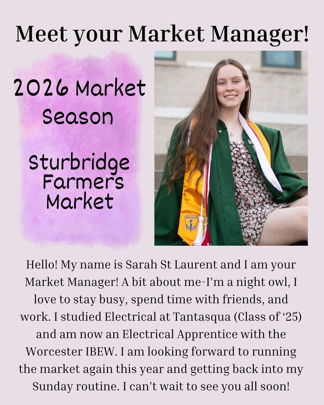 👀Just incase you're curious of who runs this awesome market!! Hi, I'm Sarah! This is my second full year running the Sturbridge Farmers Market and I'm so happy to be back for the 2026 Season. 

✋🏼Stop by the tan Managers tent and say hello! You can