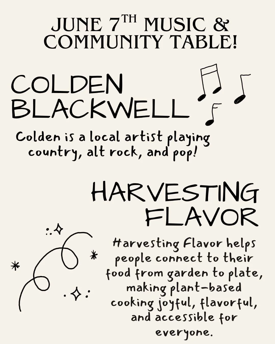 🎶Not only do we have local vendors, we have local entertainment! Colden is joining us again this year. Swing by to enjoy some music while you shop.

🌾Harvesting Flavor is also a friendly face, some of you may remember Jill who joined us last year. 